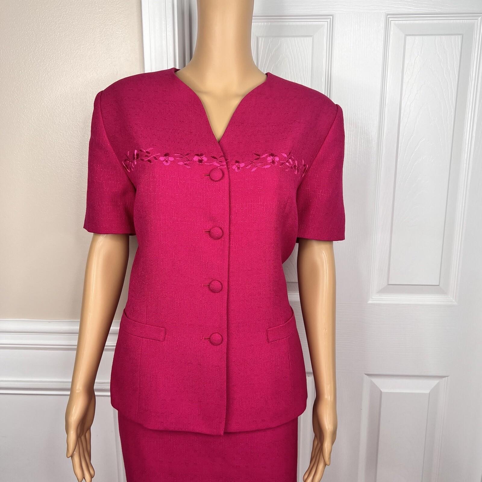 Kasper ASL Viscose Blend Skirt Suit 12 Pink Embroidered Lined Short Sleeve 2PC