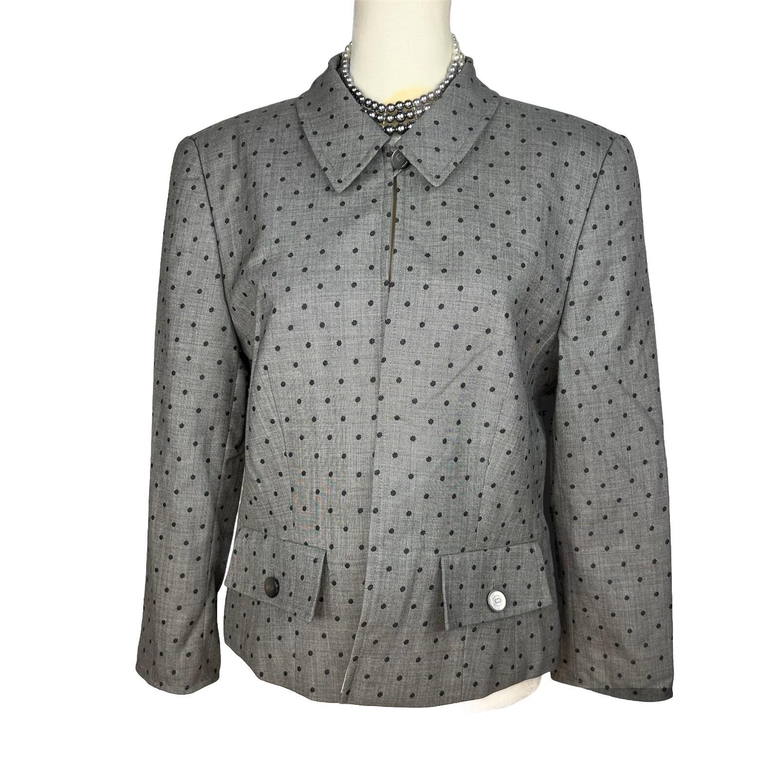 Escada Women New Wool Blazer Size 38 Gray Black Polka Dot One Button 3/4 Sleeve