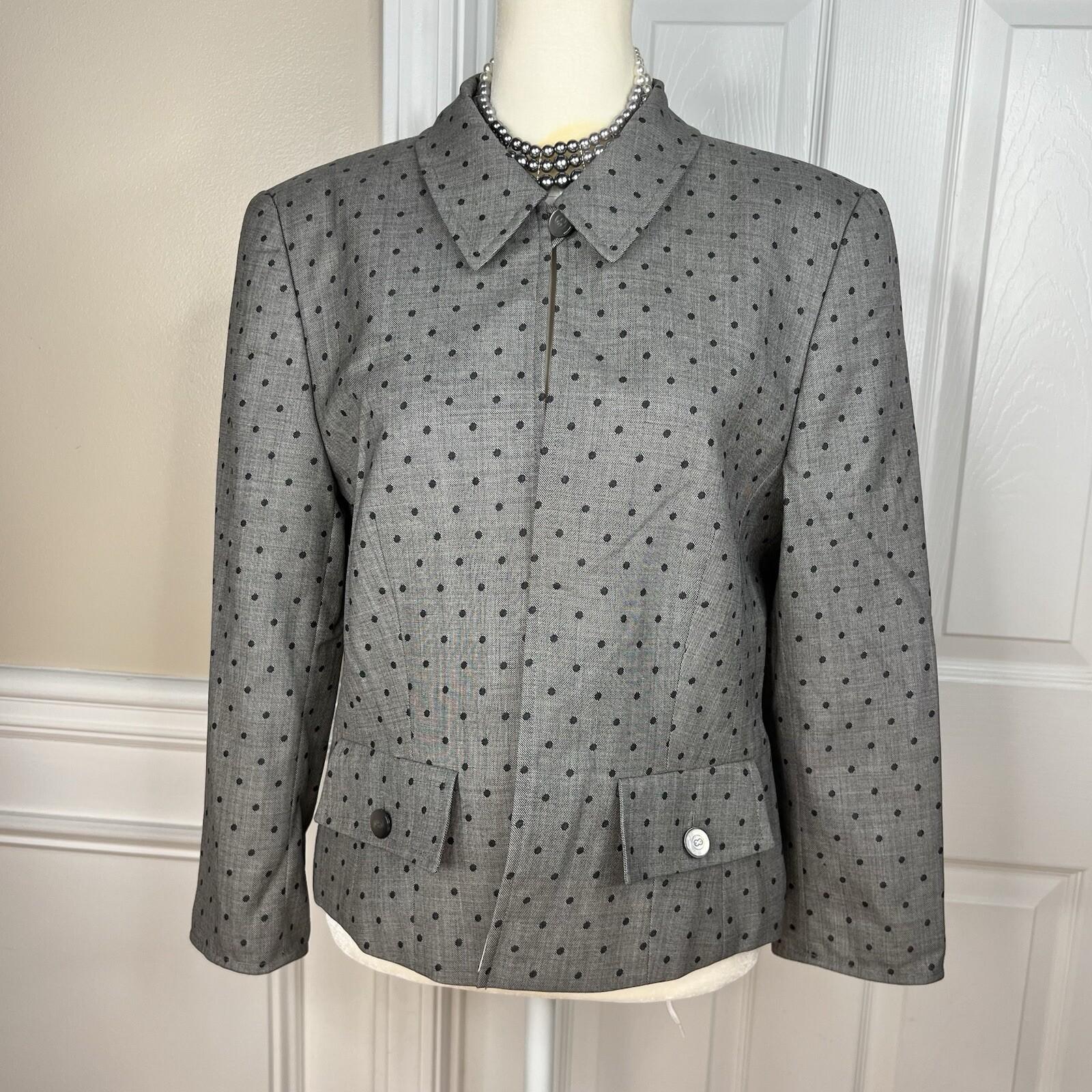 Escada Women New Wool Blazer Size 38 Gray Black Polka Dot One Button 3/4 Sleeve