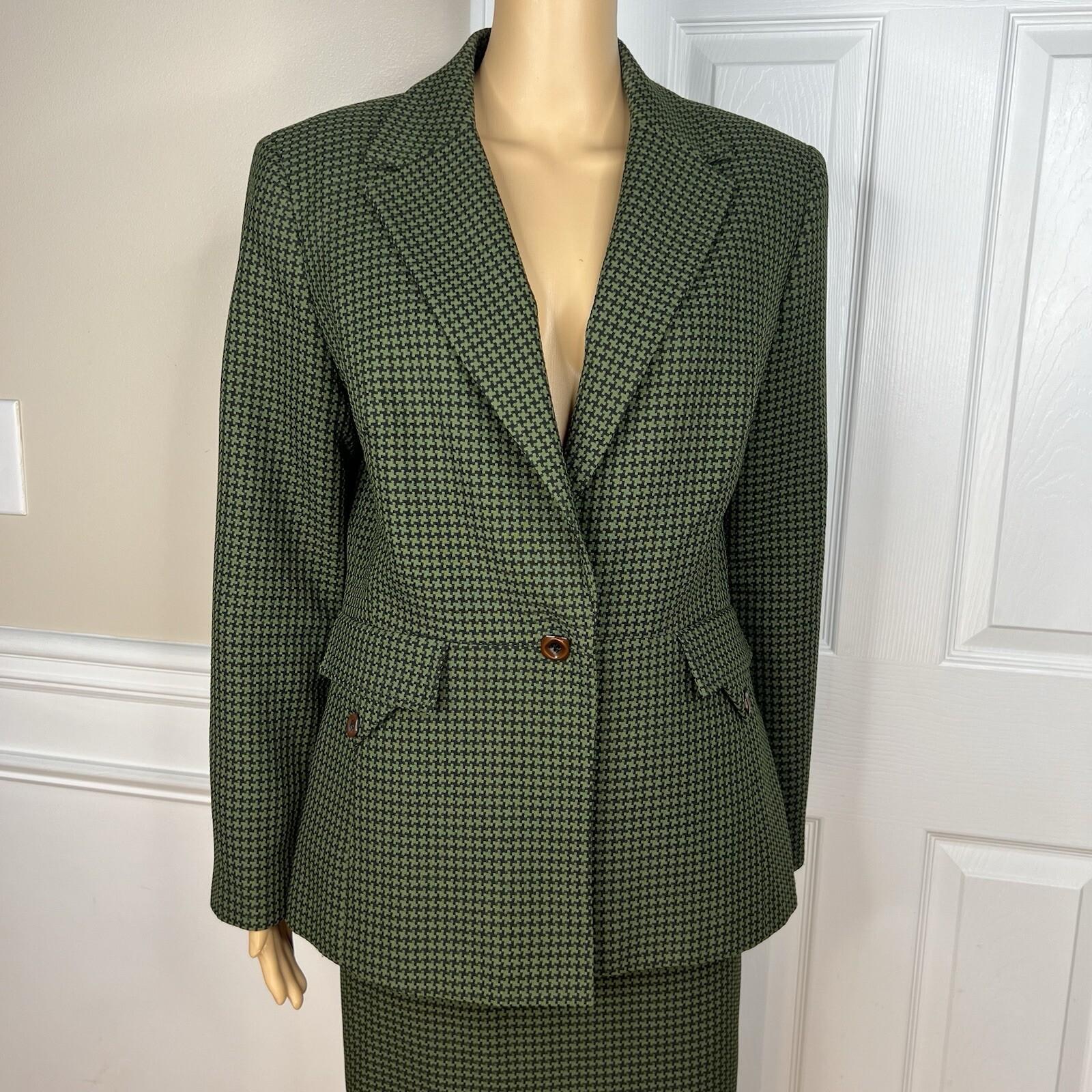 LARRY LEVINE Polyester Skirt Suit Size 12 Green Black Lined Houndstooth 2PC