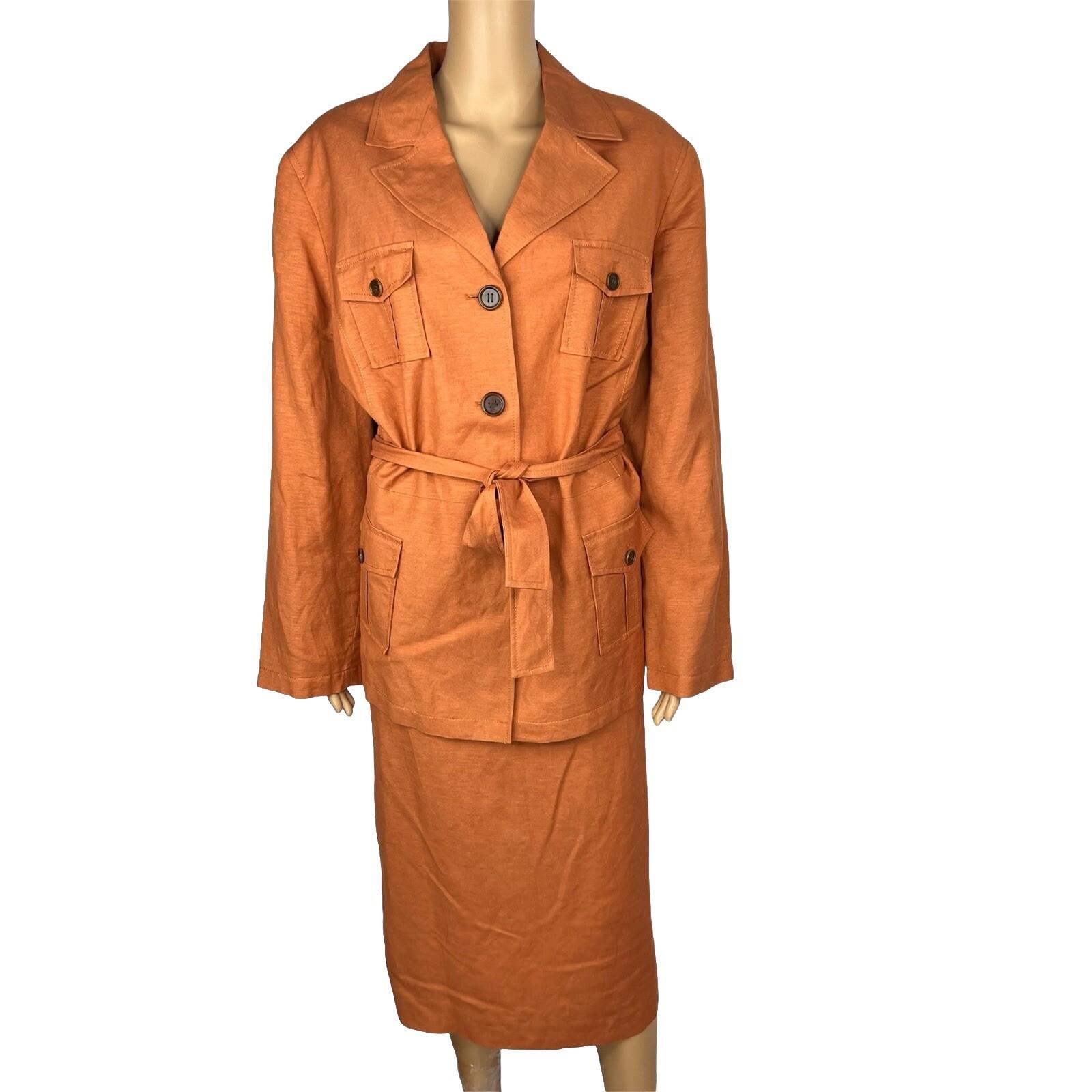 Levine Classics Rayon Linen Skirt Suit 22 W Pumpkin Belted pockets Lined 2PC