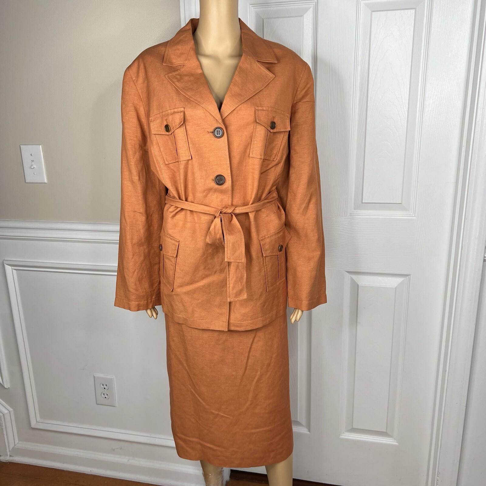 Levine Classics Rayon Linen Skirt Suit 22 W Pumpkin Belted pockets Lined 2PC