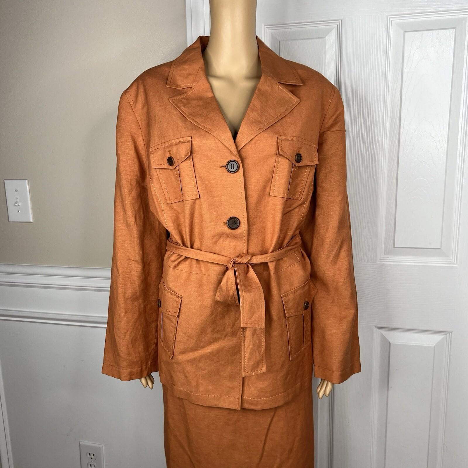 Levine Classics Rayon Linen Skirt Suit 22 W Pumpkin Belted pockets Lined 2PC