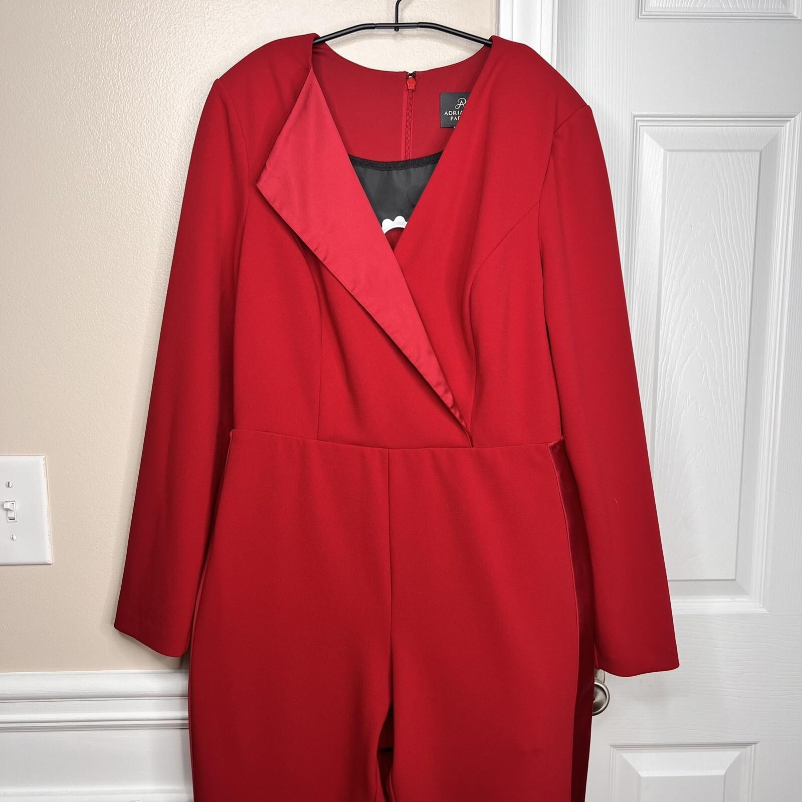 ADRIANNA PAPELL Red Stretch Scarlet Long Sleeve Back Zip Tuxedo Jumpsuit 4