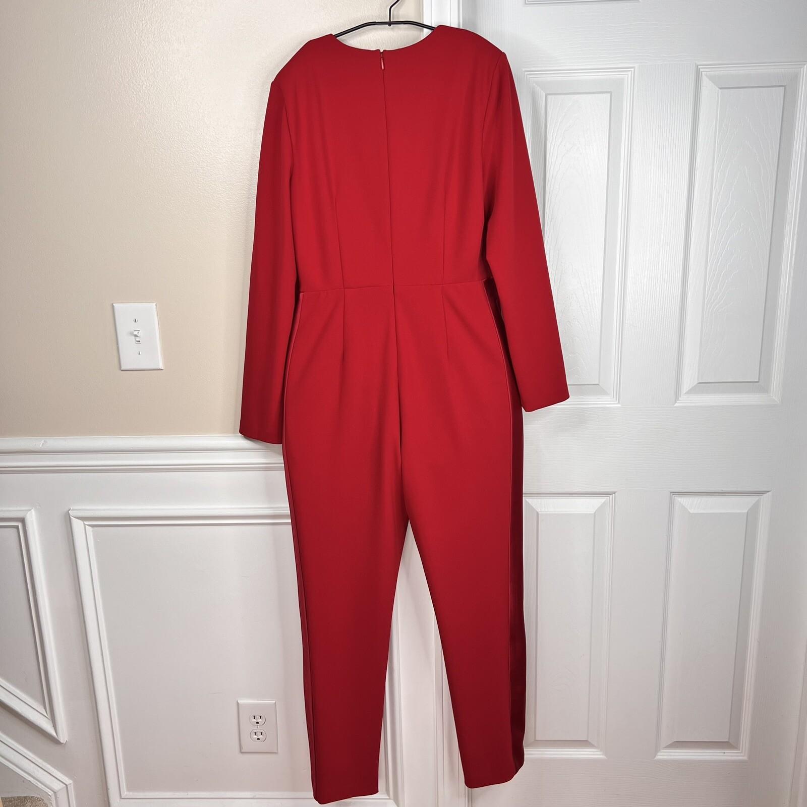 ADRIANNA PAPELL Red Stretch Scarlet Long Sleeve Back Zip Tuxedo Jumpsuit 4