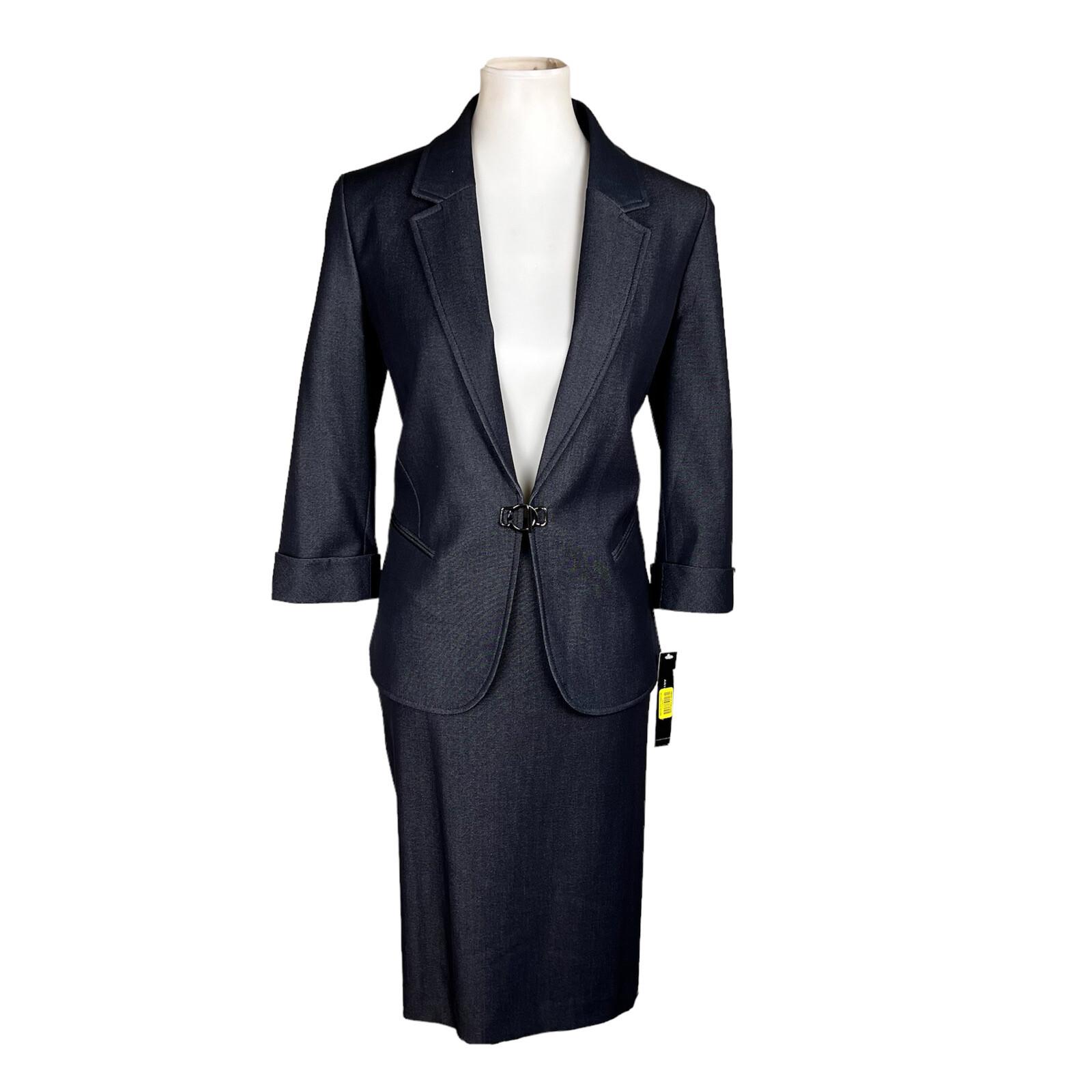 Tahari ASL Polyester Rayon Stretch Skirt 10 Suit 6 Dark Blue 3/4 Sleeve New 2pc