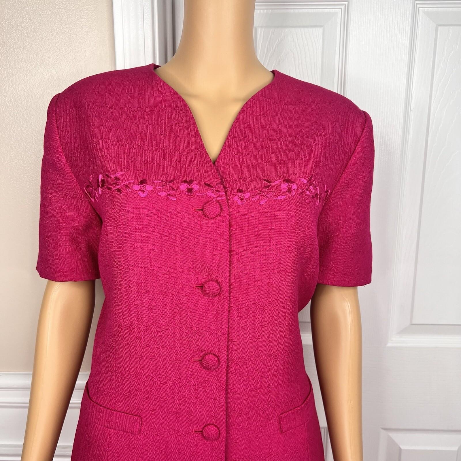Kasper ASL Viscose Blend Skirt Suit 12 Pink Embroidered Lined Short Sleeve 2PC