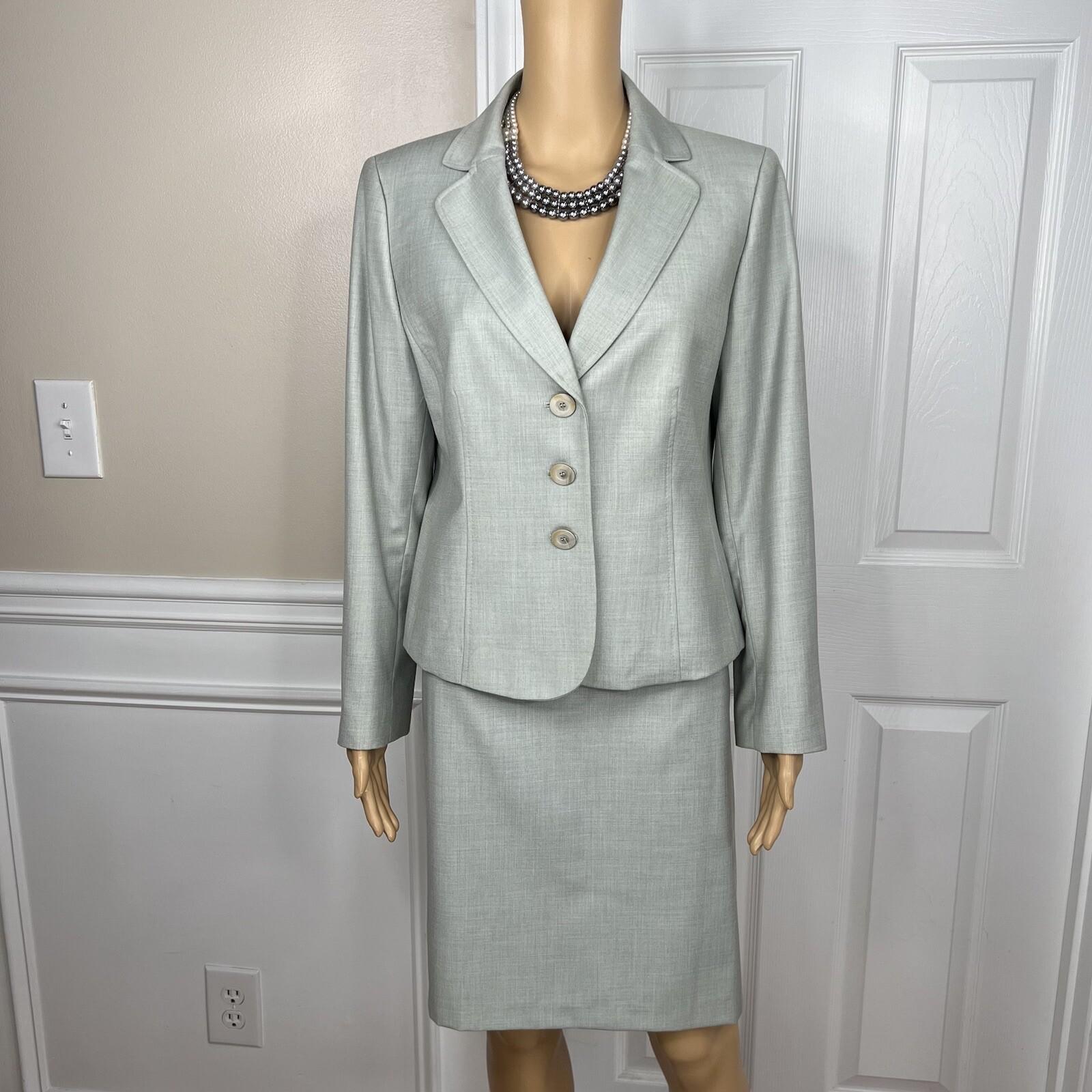 Kasper Women Polyester Rayon Skirt Suit 10P Light Gray Notch Collar Lined 2PC