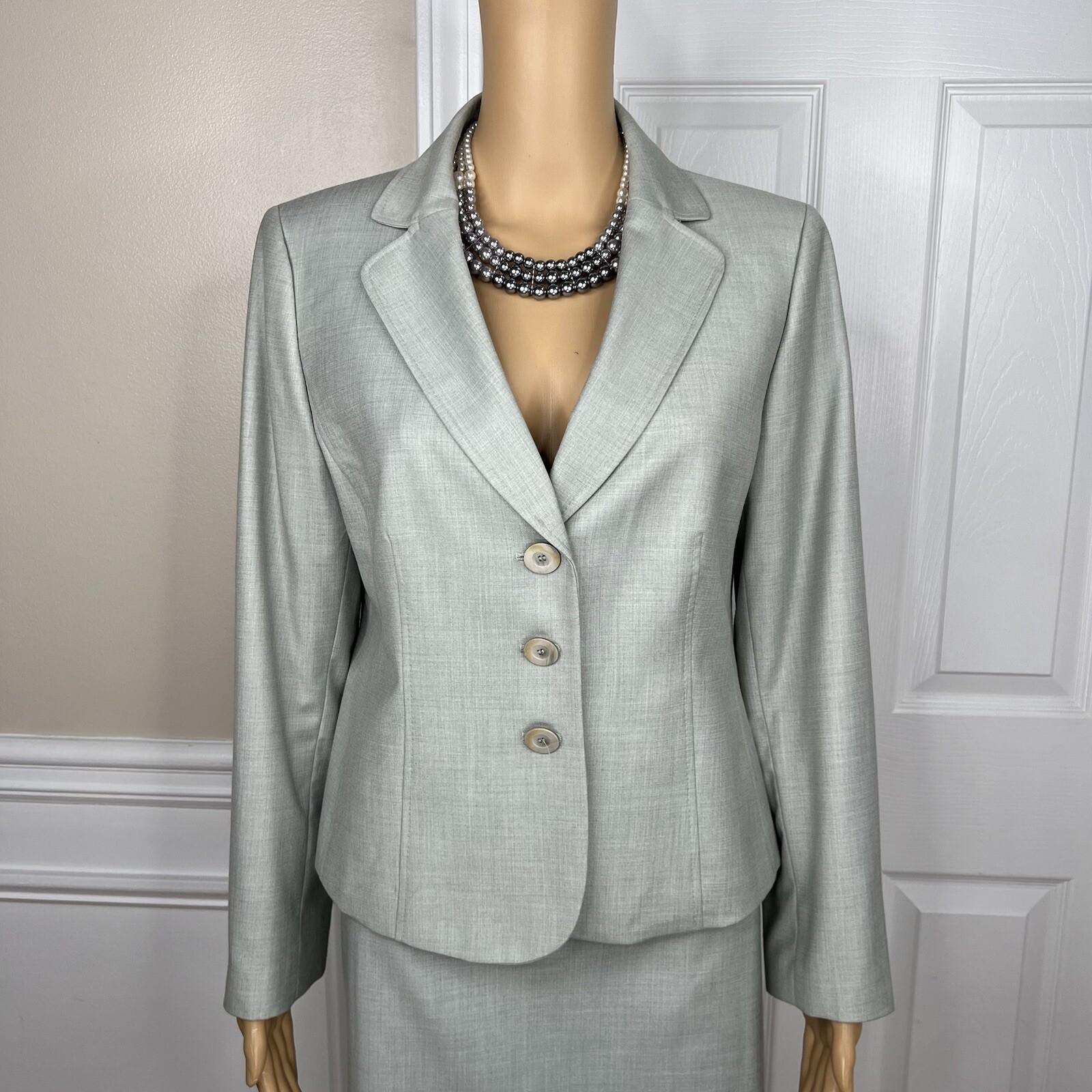 Kasper Women Polyester Rayon Skirt Suit 10P Light Gray Notch Collar Lined 2PC