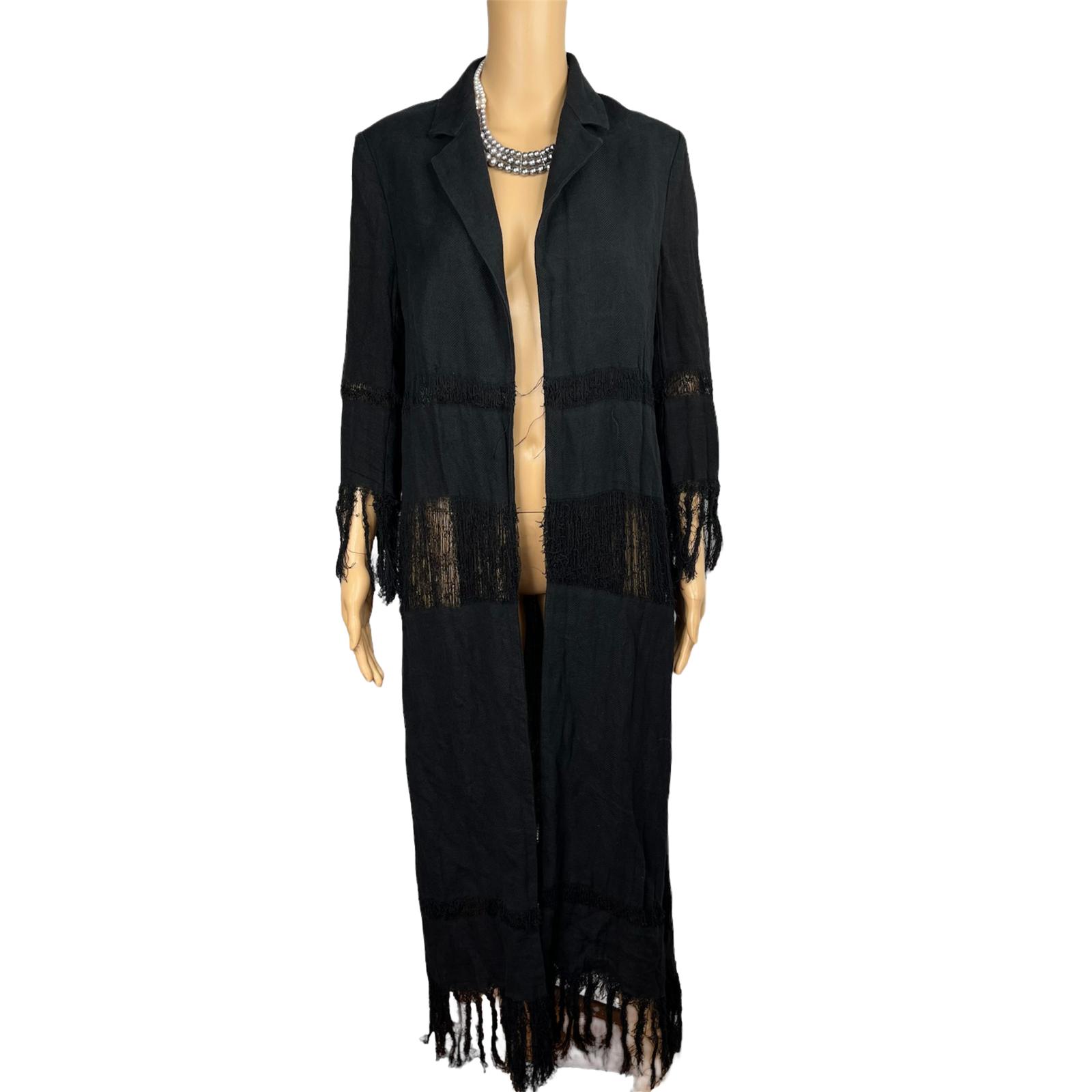 MSGM Milano Cotton Linen Tunic Size S/M Black Fringe Open Front Mid Length