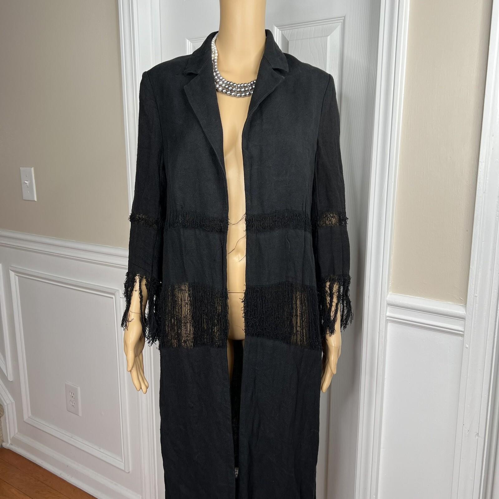 MSGM Milano Cotton Linen Tunic Size S/M Black Fringe Open Front Mid Length