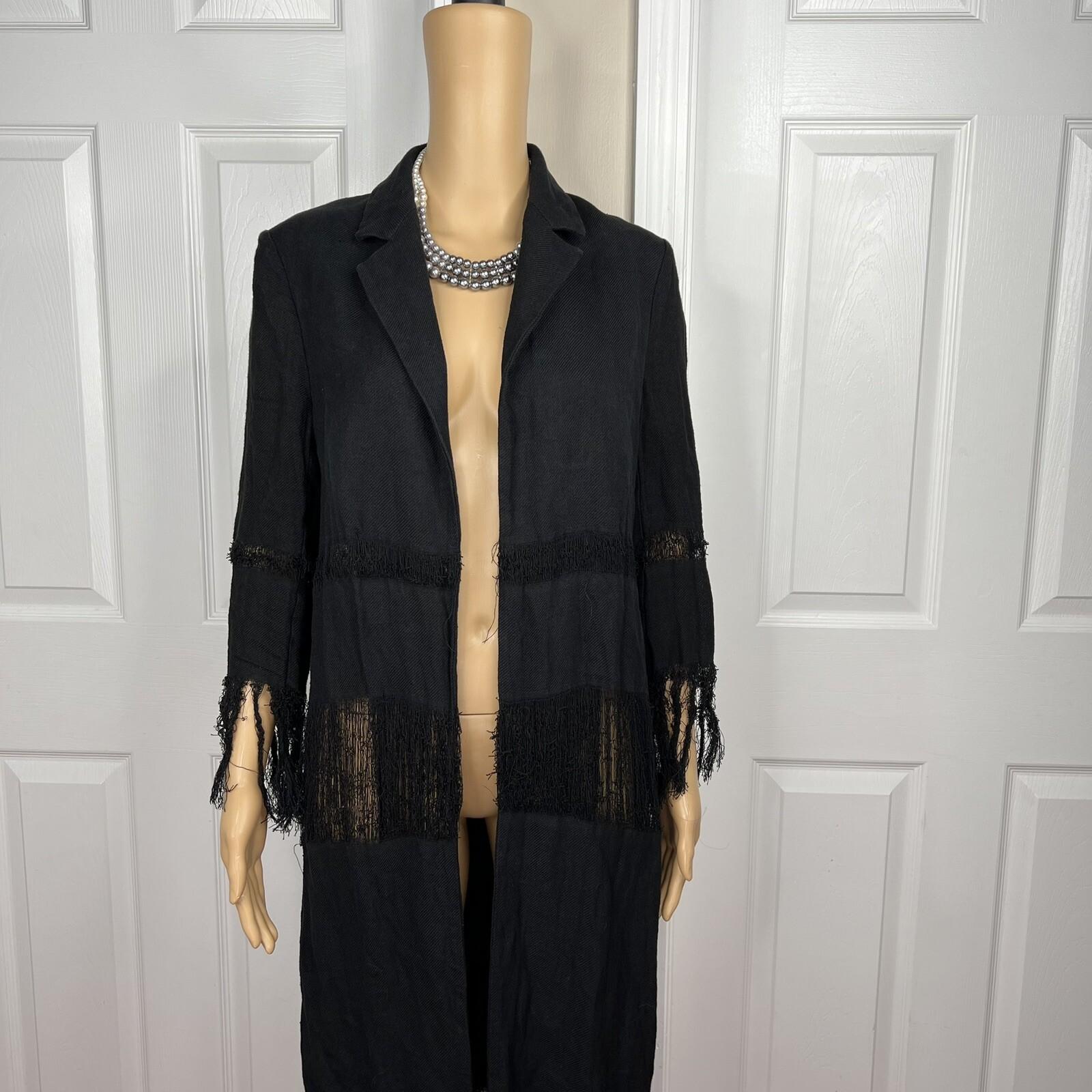 MSGM Milano Cotton Linen Tunic Size S/M Black Fringe Open Front Mid Length