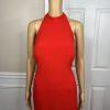 Calvin Klein Sheath Dress 14 Red Sleeveless Halter Full Length Formal Stretch