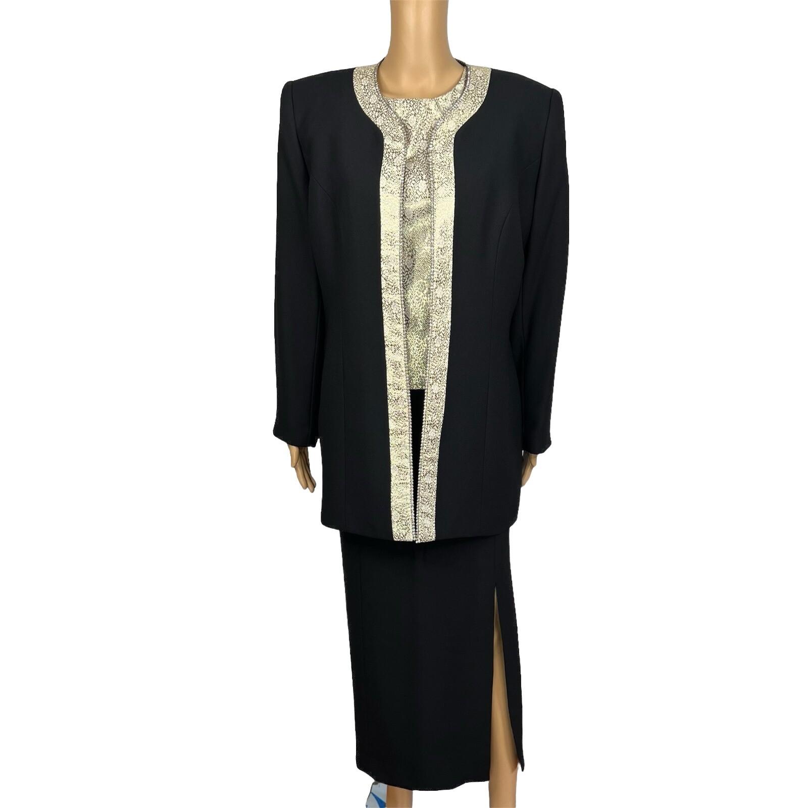 Valentine Polyester Skirt Suit Top 12 Gold Black Beaded Open Front Lined 3PC