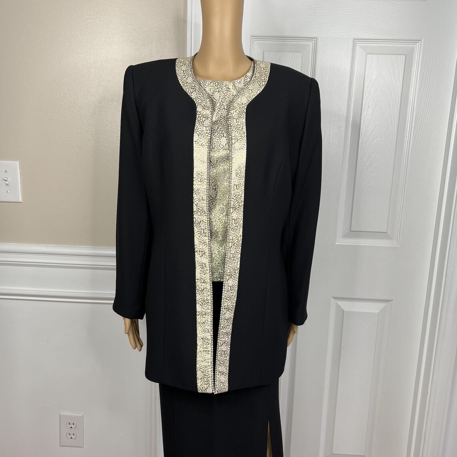 Valentine Polyester Skirt Suit Top 12 Gold Black Beaded Open Front Lined 3PC
