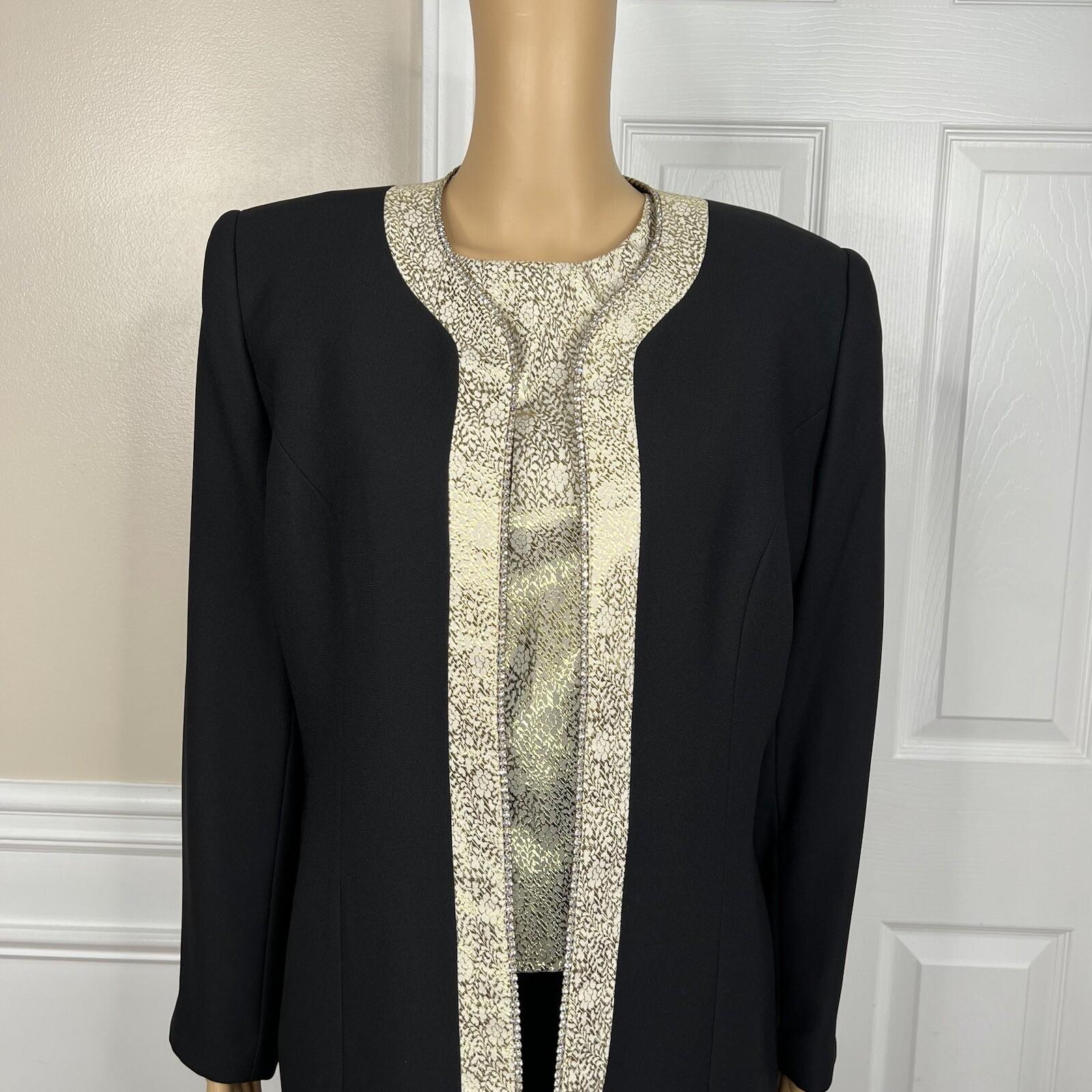 Valentine Polyester Skirt Suit Top 12 Gold Black Beaded Open Front Lined 3PC