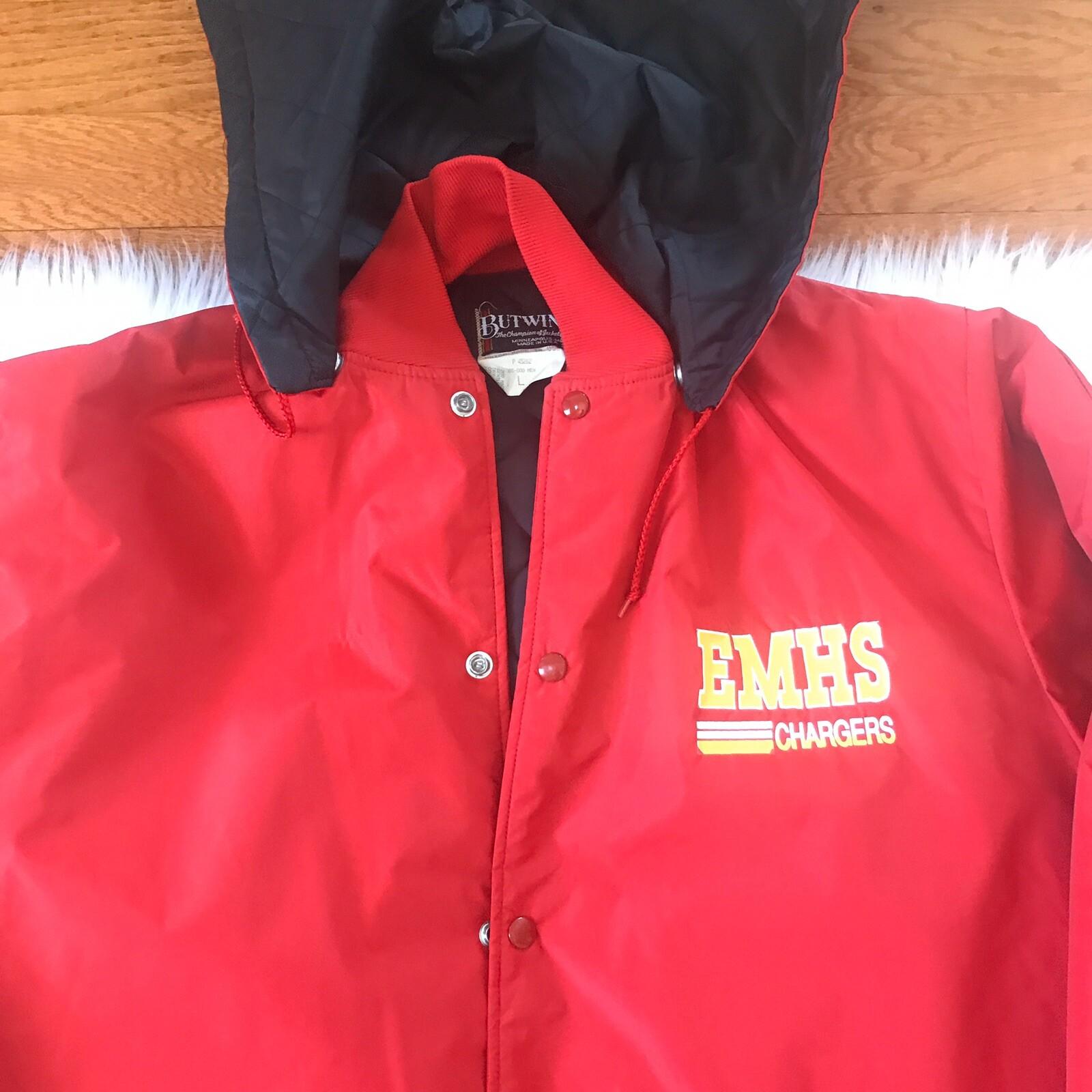 BUTWIN Men Red Zipped Hooded Nylon Windbreaker Quilted Lining Coat Size L