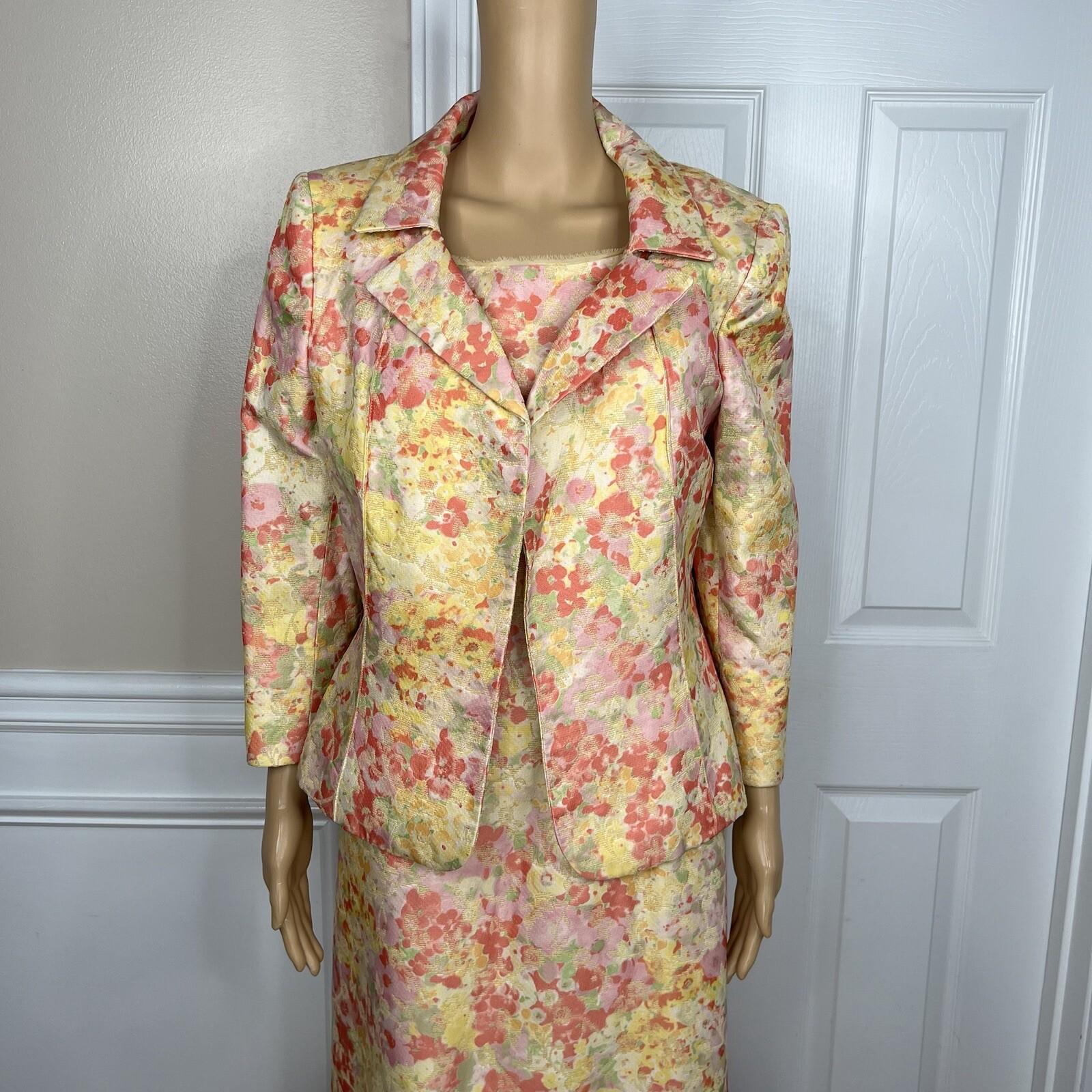Nipon Boutique Vintage Polyester Rayon Dress Suit 10 Floral Brocade Lined 2PC