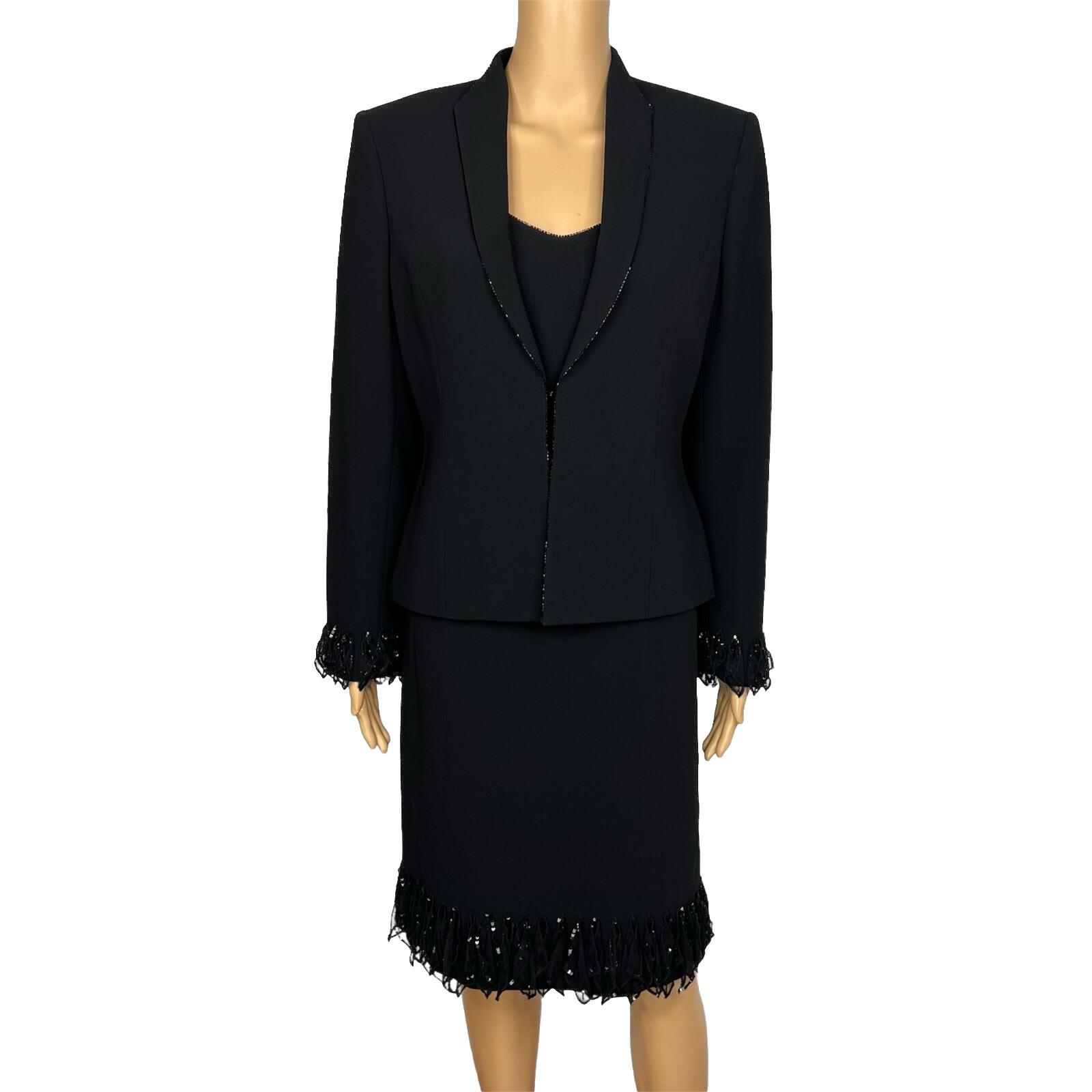 Albert Nipon Triacetate Polyester Dress Suit 10 Black Beaded Embellished 2PC