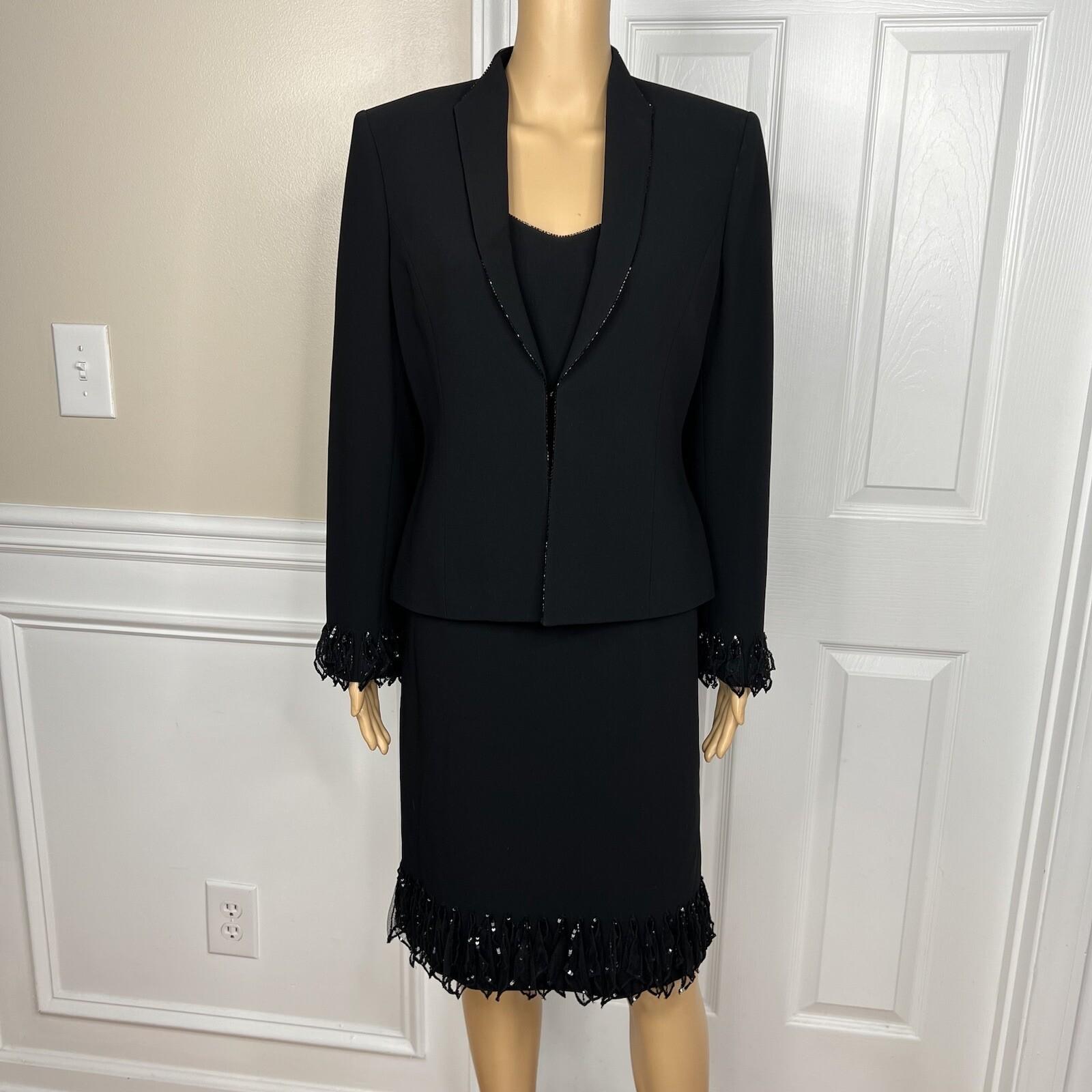 Albert Nipon Triacetate Polyester Dress Suit 10 Black Beaded Embellished 2PC