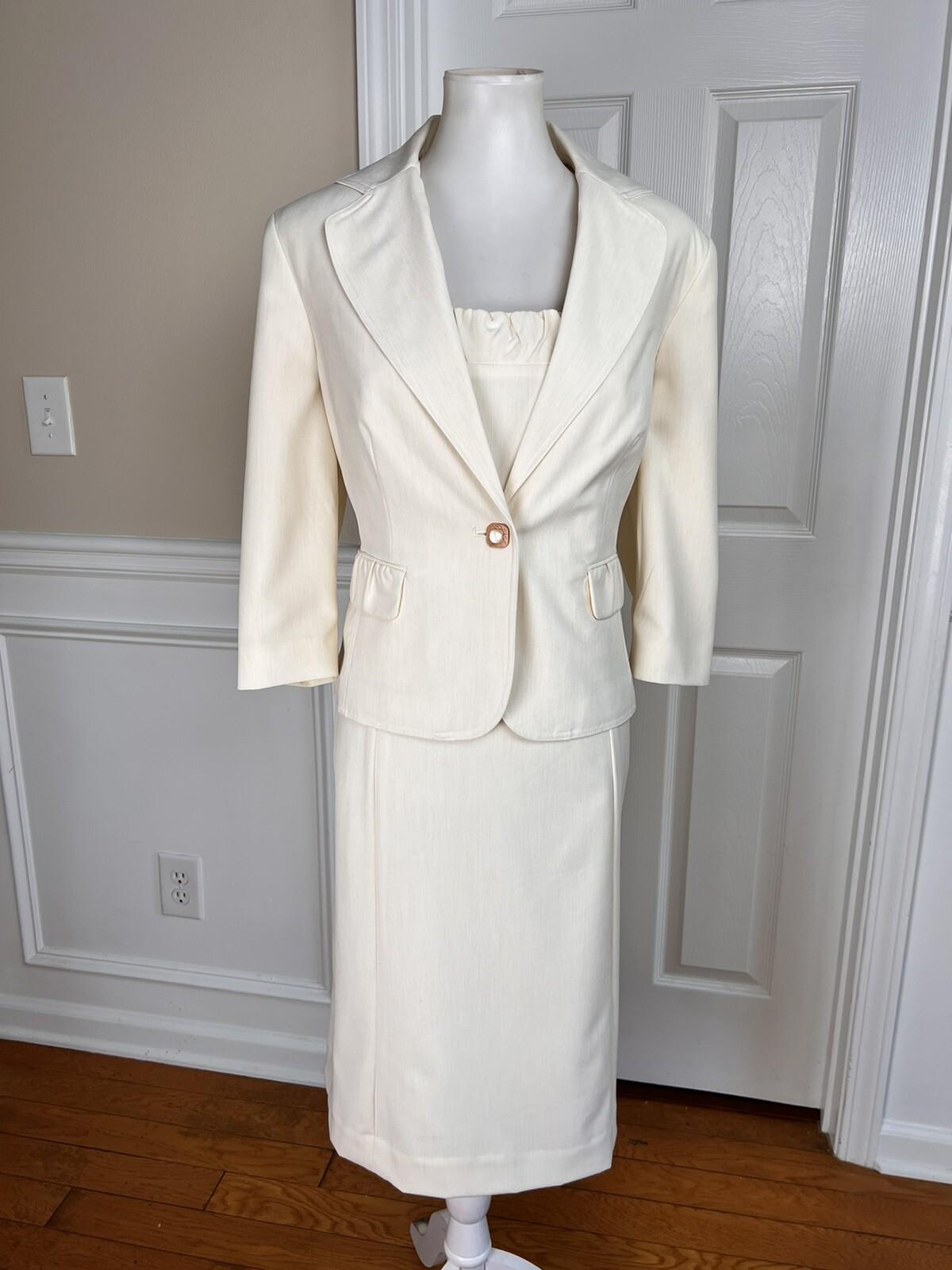 LARRY LEVINE 2PC Oatmeal Polyester Rayon Stretch Dress Suit Size 14 MSRP 0