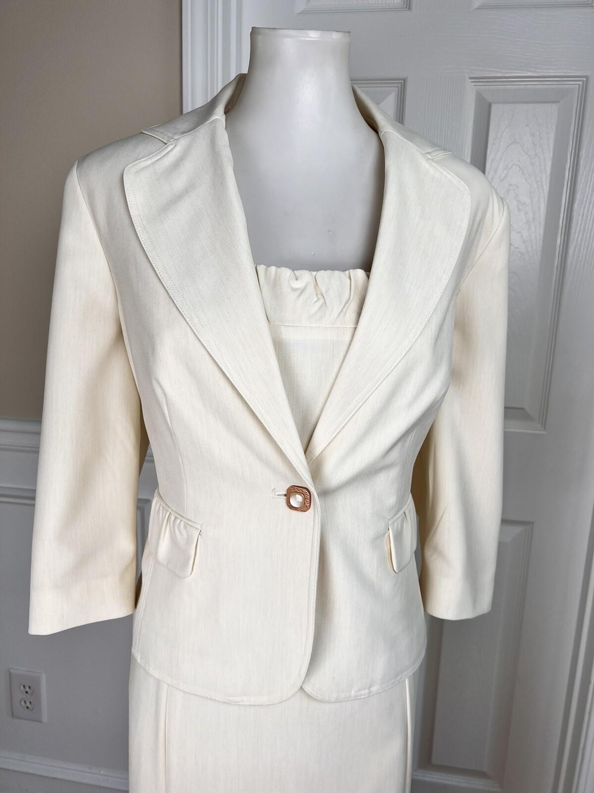 LARRY LEVINE 2PC Oatmeal Polyester Rayon Stretch Dress Suit Size 14 MSRP 0