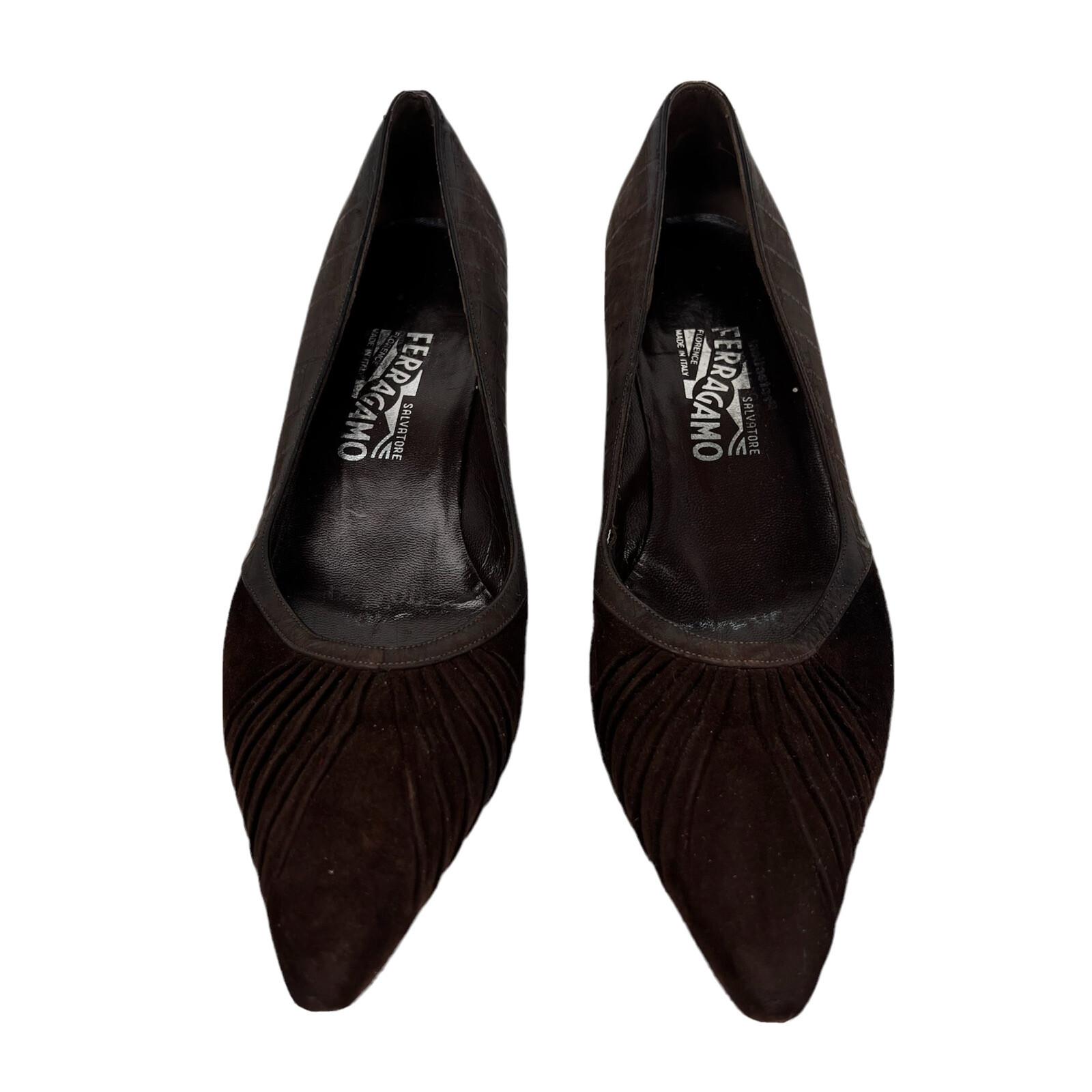 SALVATORE FERRAGAMO Vintage Women Brown Leather Crocodile Velvet Pumps Size 9.5A