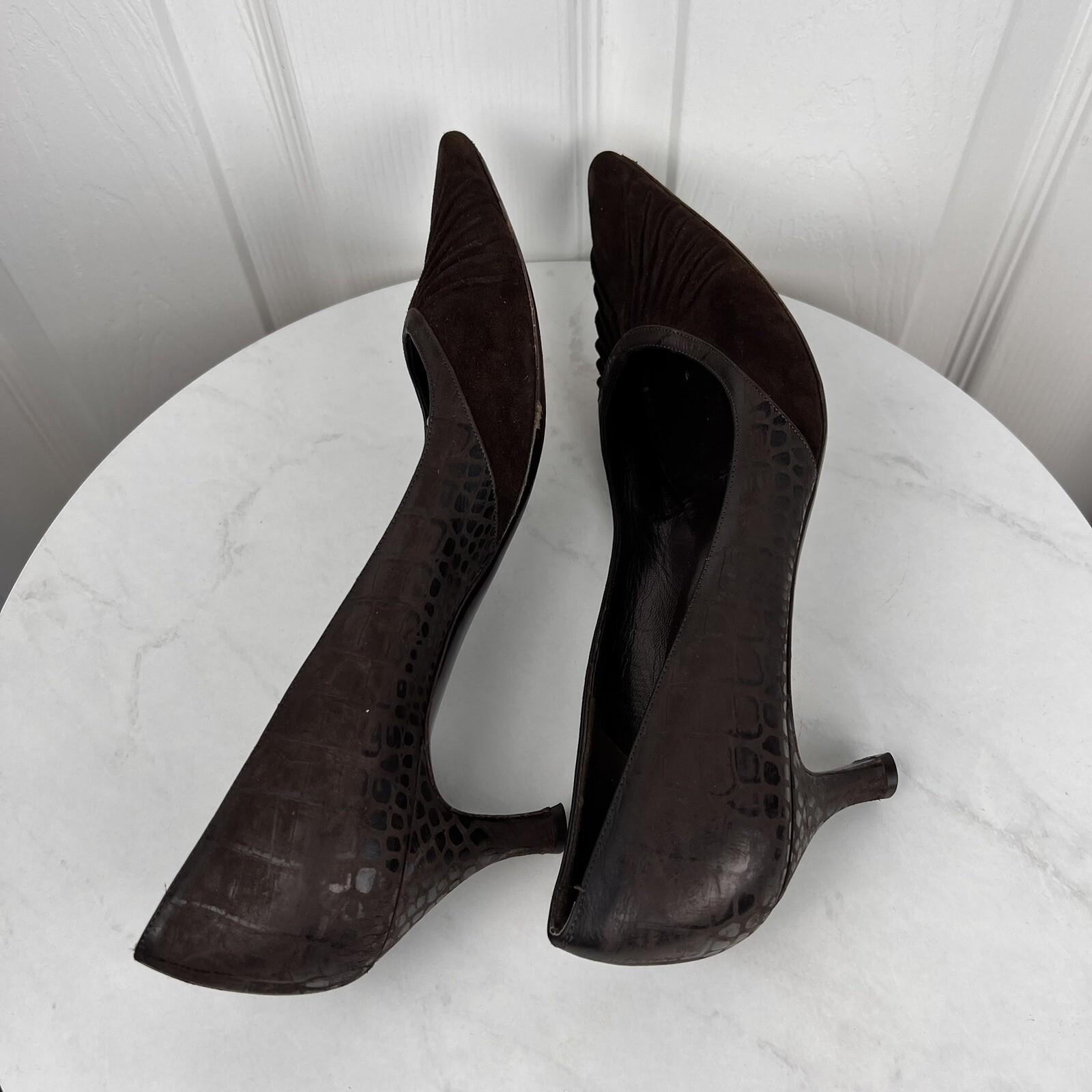 SALVATORE FERRAGAMO Vintage Women Brown Leather Crocodile Velvet Pumps Size 9.5A