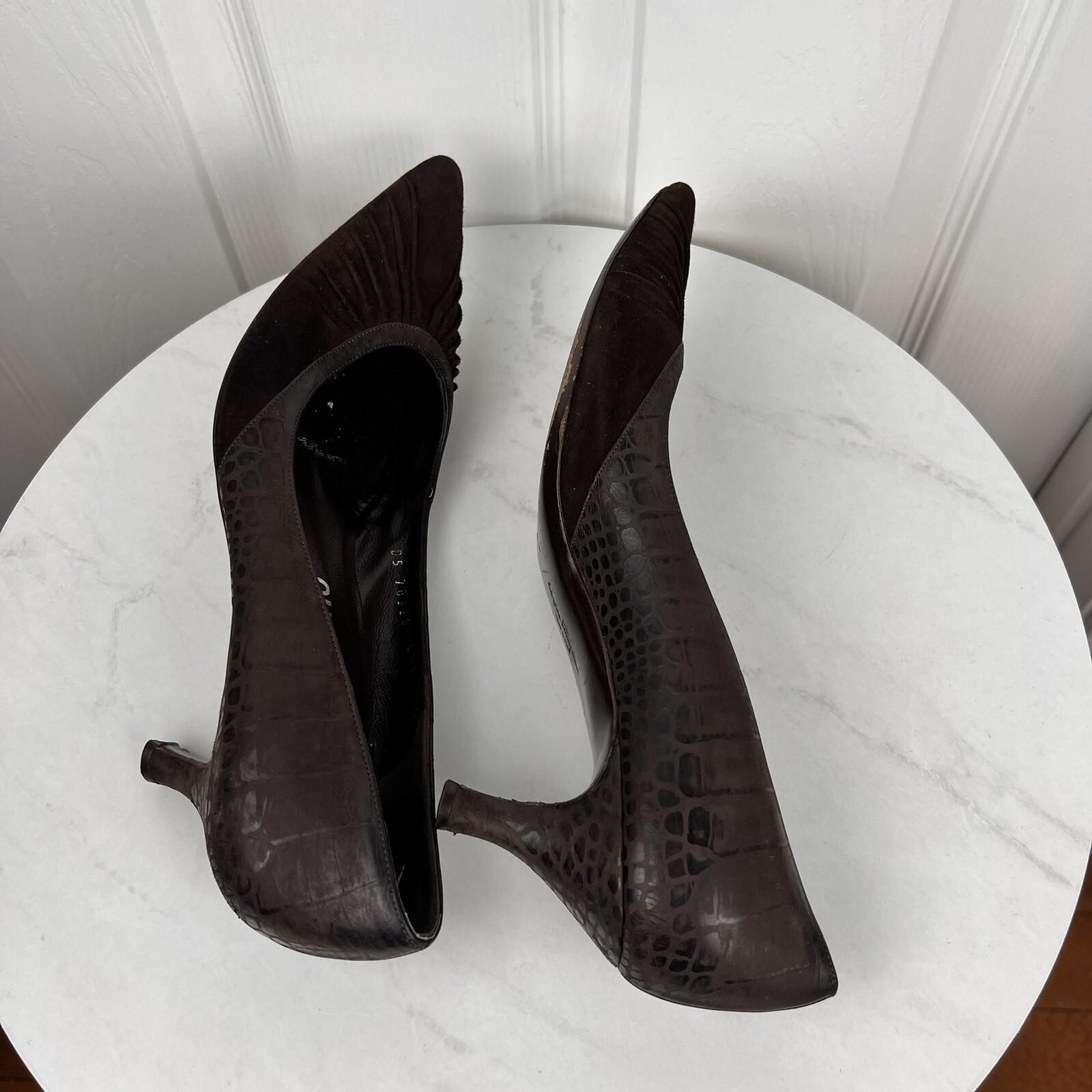 SALVATORE FERRAGAMO Vintage Women Brown Leather Crocodile Velvet Pumps Size 9.5A