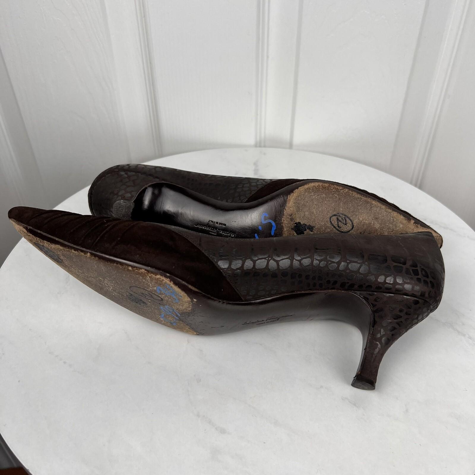 SALVATORE FERRAGAMO Vintage Women Brown Leather Crocodile Velvet Pumps Size 9.5A