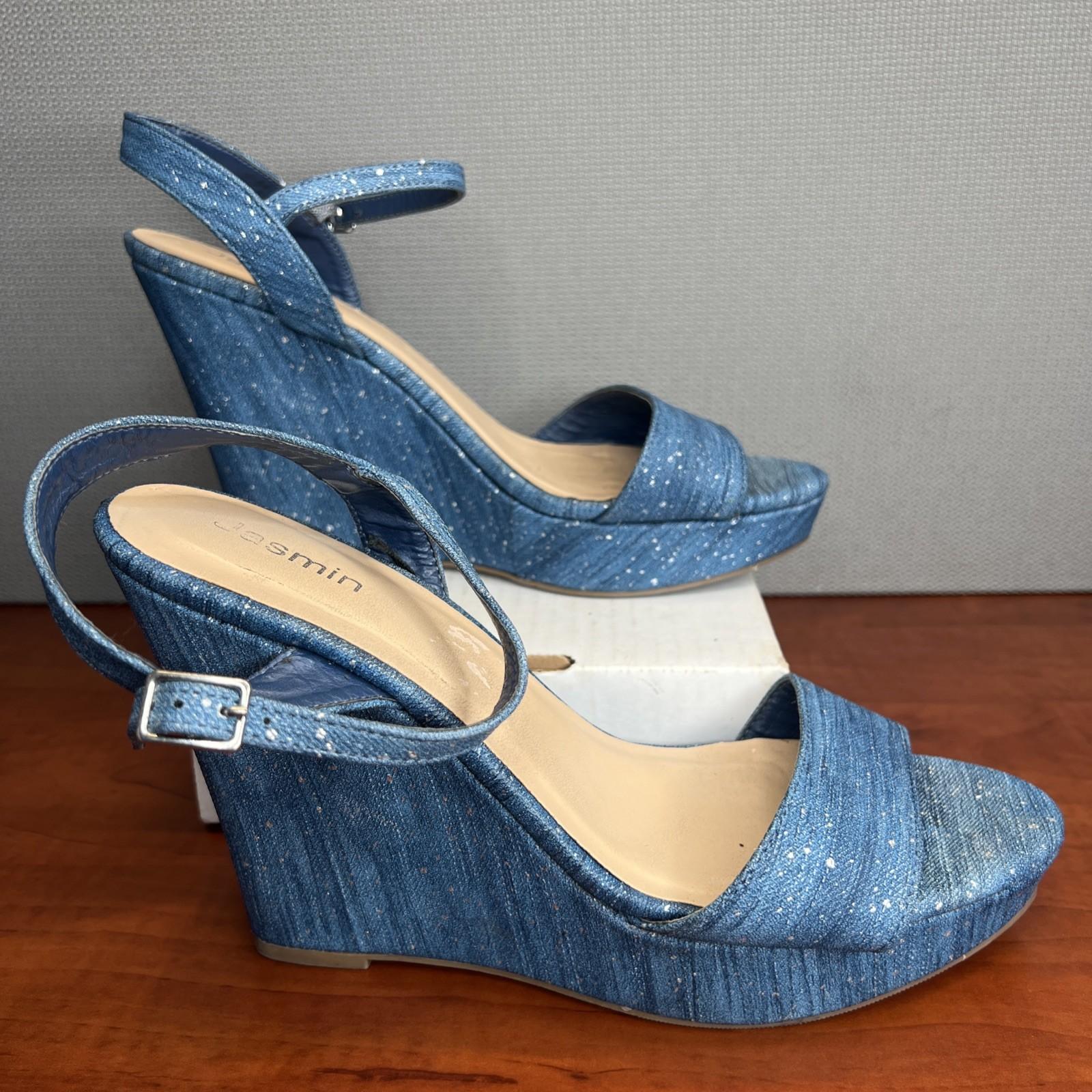 Jasmin Denim Wedge Platform Sandals Size 10M Blue Sparkly Ankle Strap