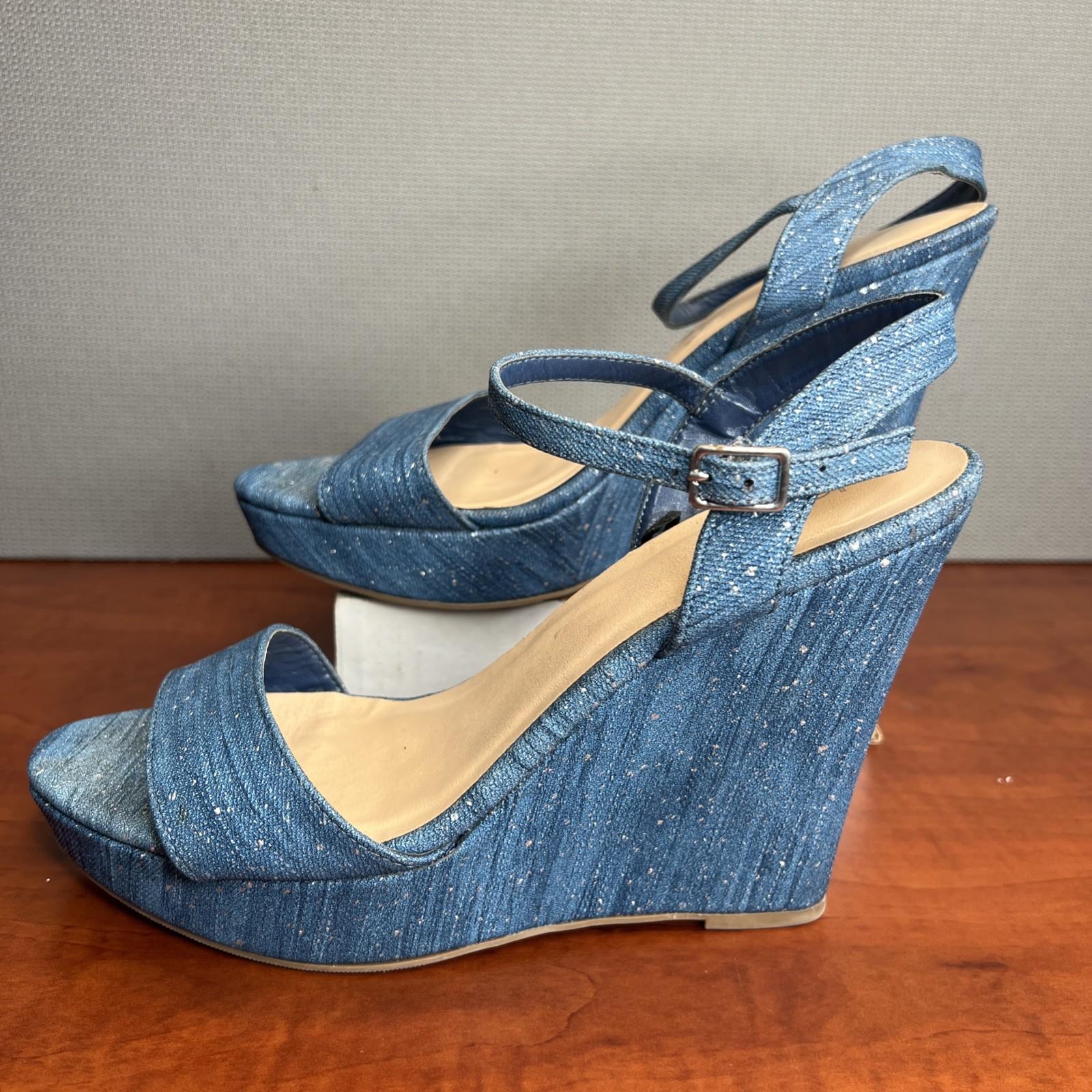 Jasmin Denim Wedge Platform Sandals Size 10M Blue Sparkly Ankle Strap