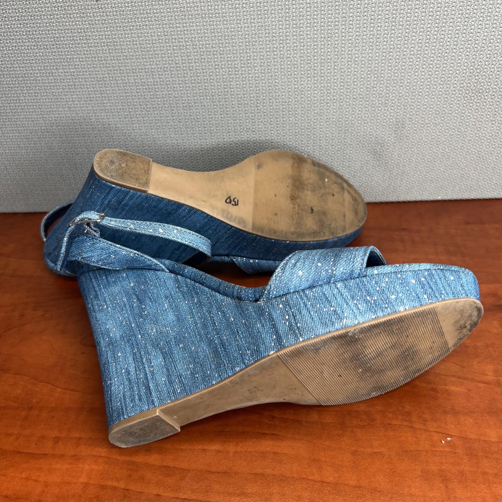 Jasmin Denim Wedge Platform Sandals Size 10M Blue Sparkly Ankle Strap