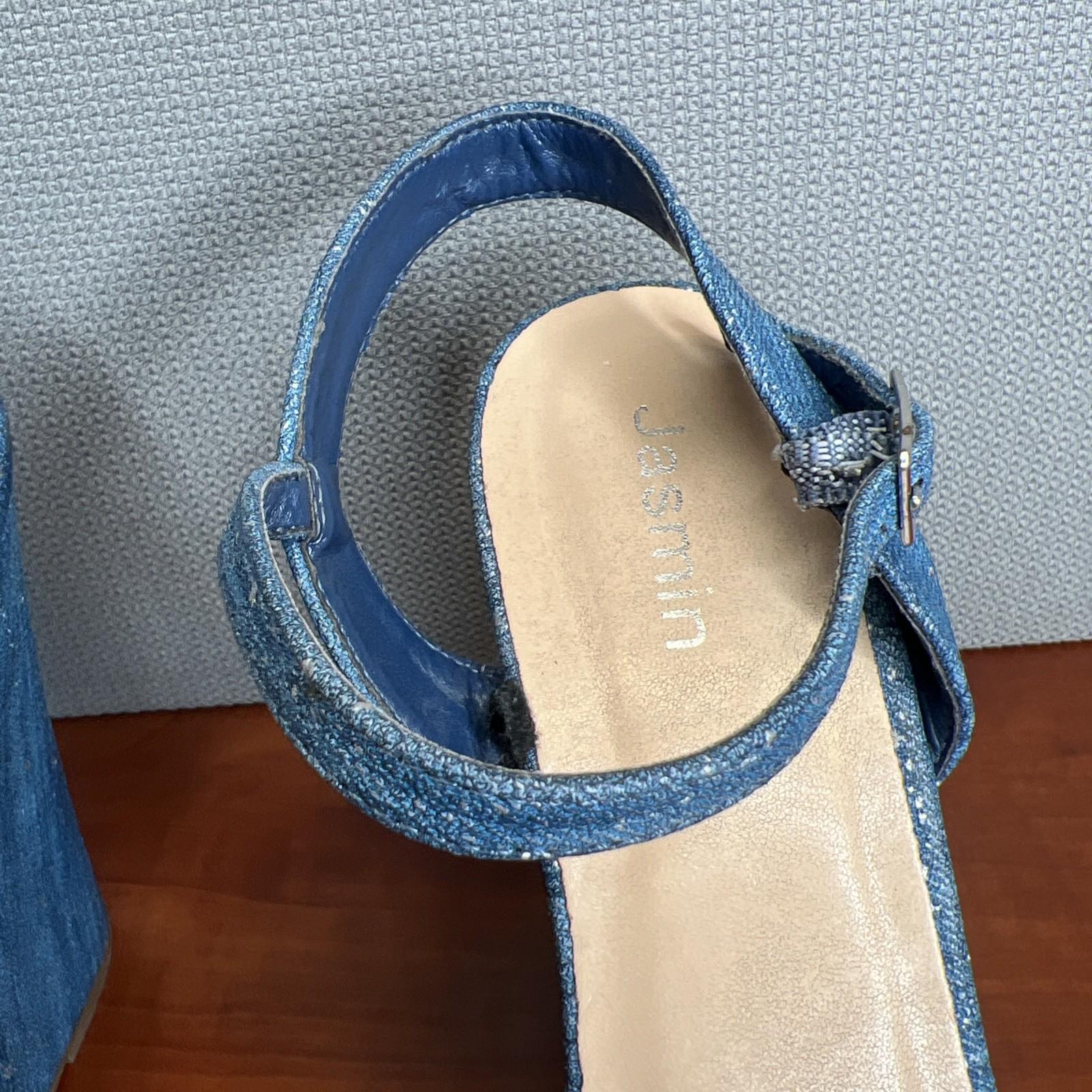 Jasmin Denim Wedge Platform Sandals Size 10M Blue Sparkly Ankle Strap