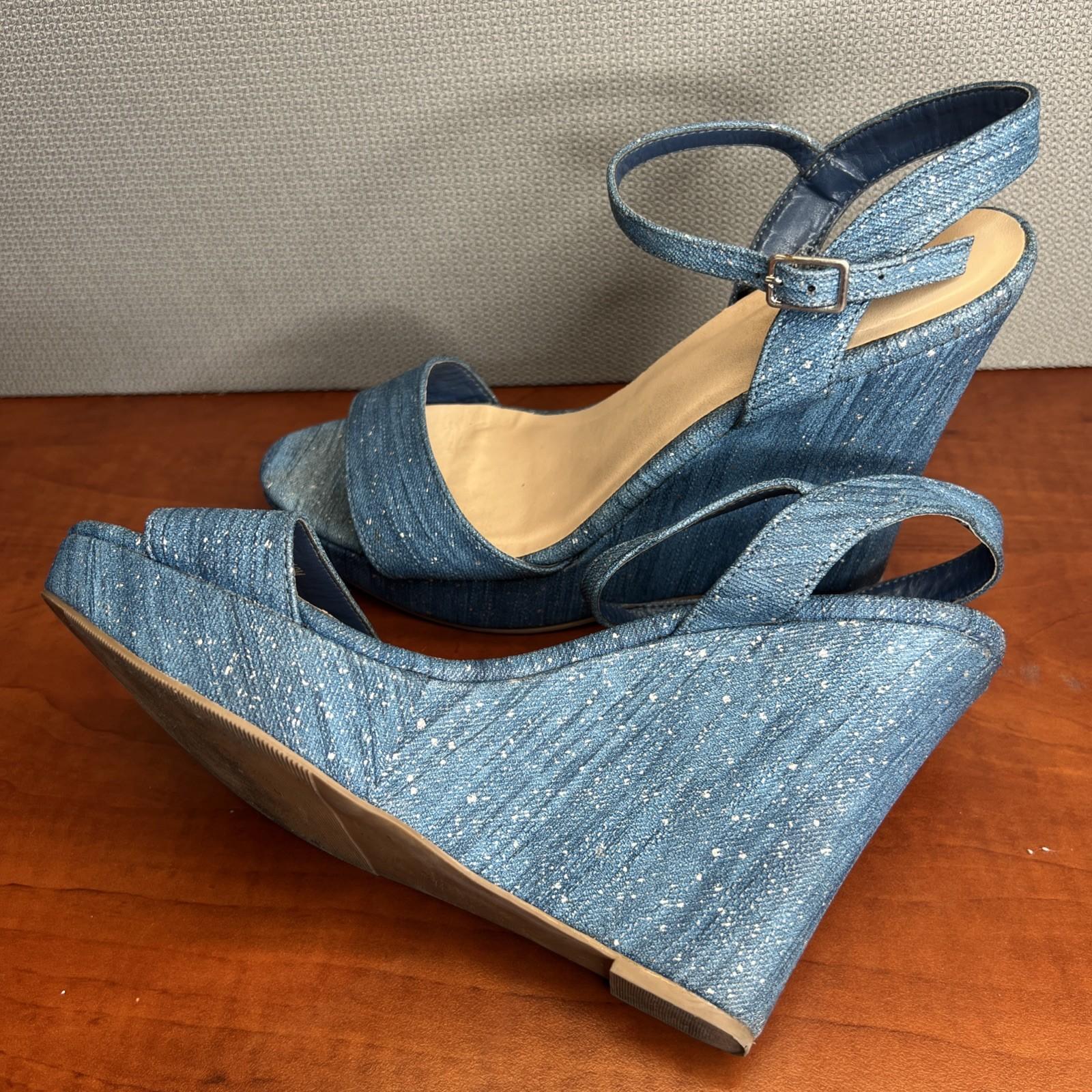 Jasmin Denim Wedge Platform Sandals Size 10M Blue Sparkly Ankle Strap