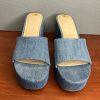 Nine West Stack Heels Blue Denim Slide Sandals Size 8 Cushioned Footbed New