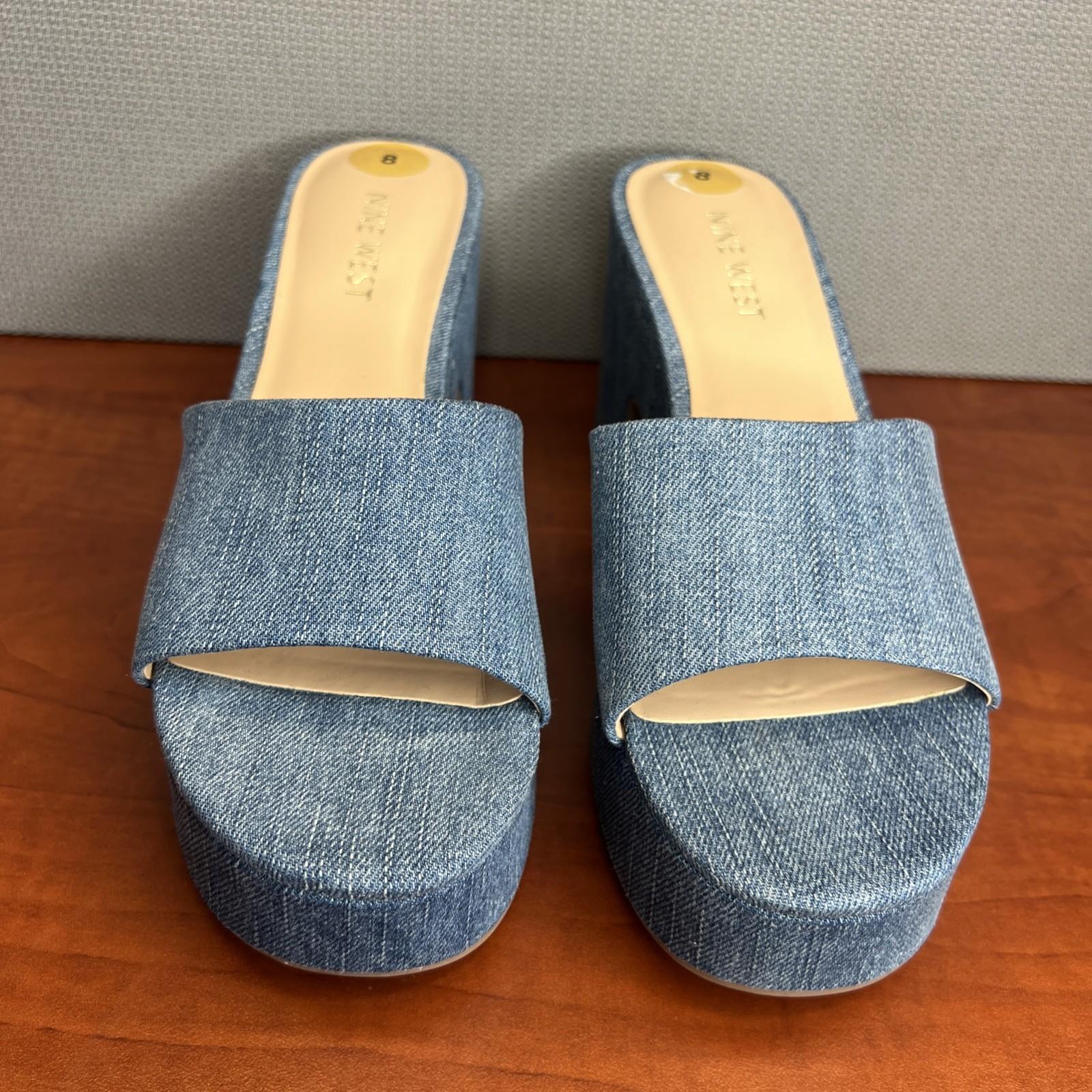 Nine West Stack Heels Blue Denim Slide Sandals Size 8 Cushioned Footbed New