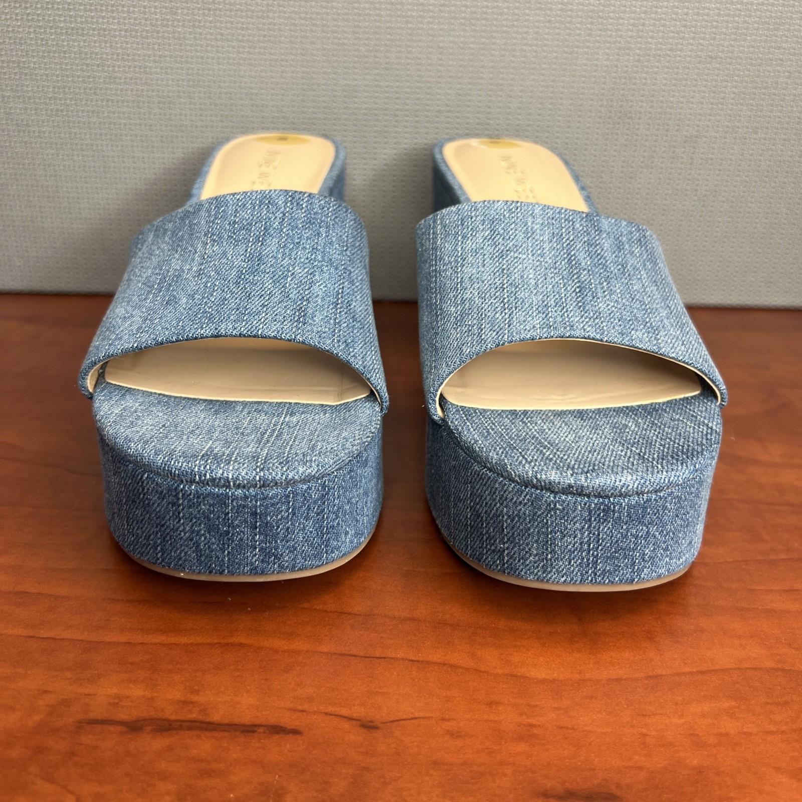 Nine West Stack Heels Blue Denim Slide Sandals Size 8 Cushioned Footbed New