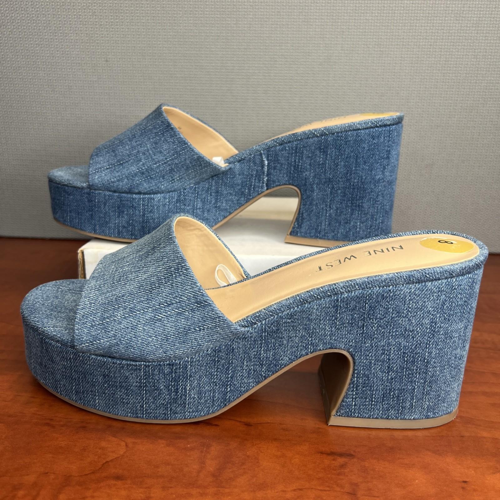 Nine West Stack Heels Blue Denim Slide Sandals Size 8 Cushioned Footbed New