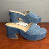 Nine West Stack Heels Blue Denim Slide Sandals Size 8 Cushioned Footbed New