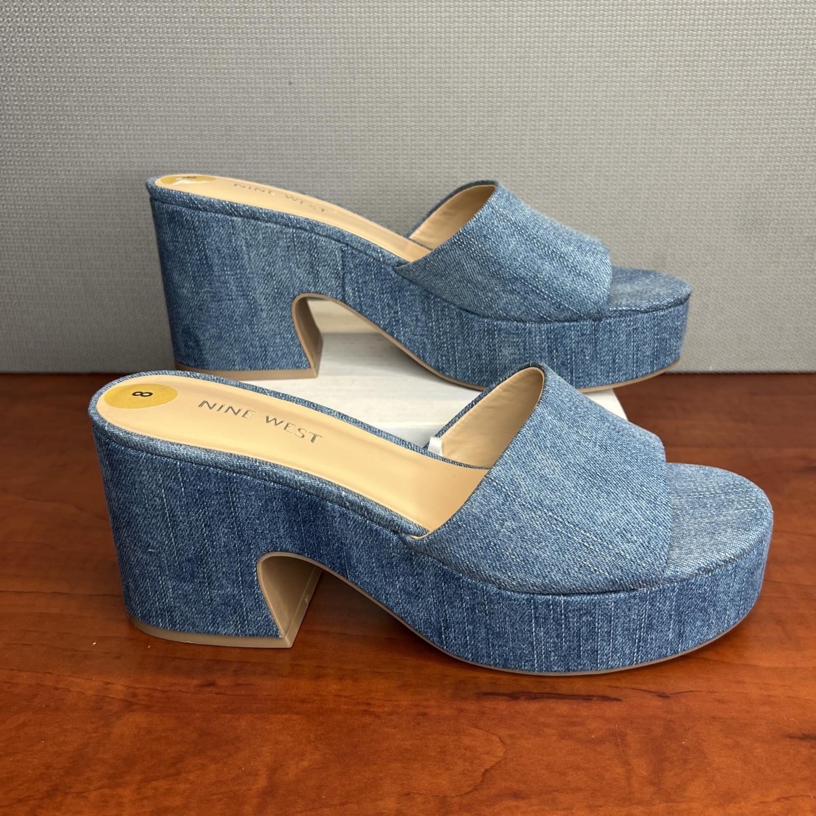 Nine West Stack Heels Blue Denim Slide Sandals Size 8 Cushioned Footbed New