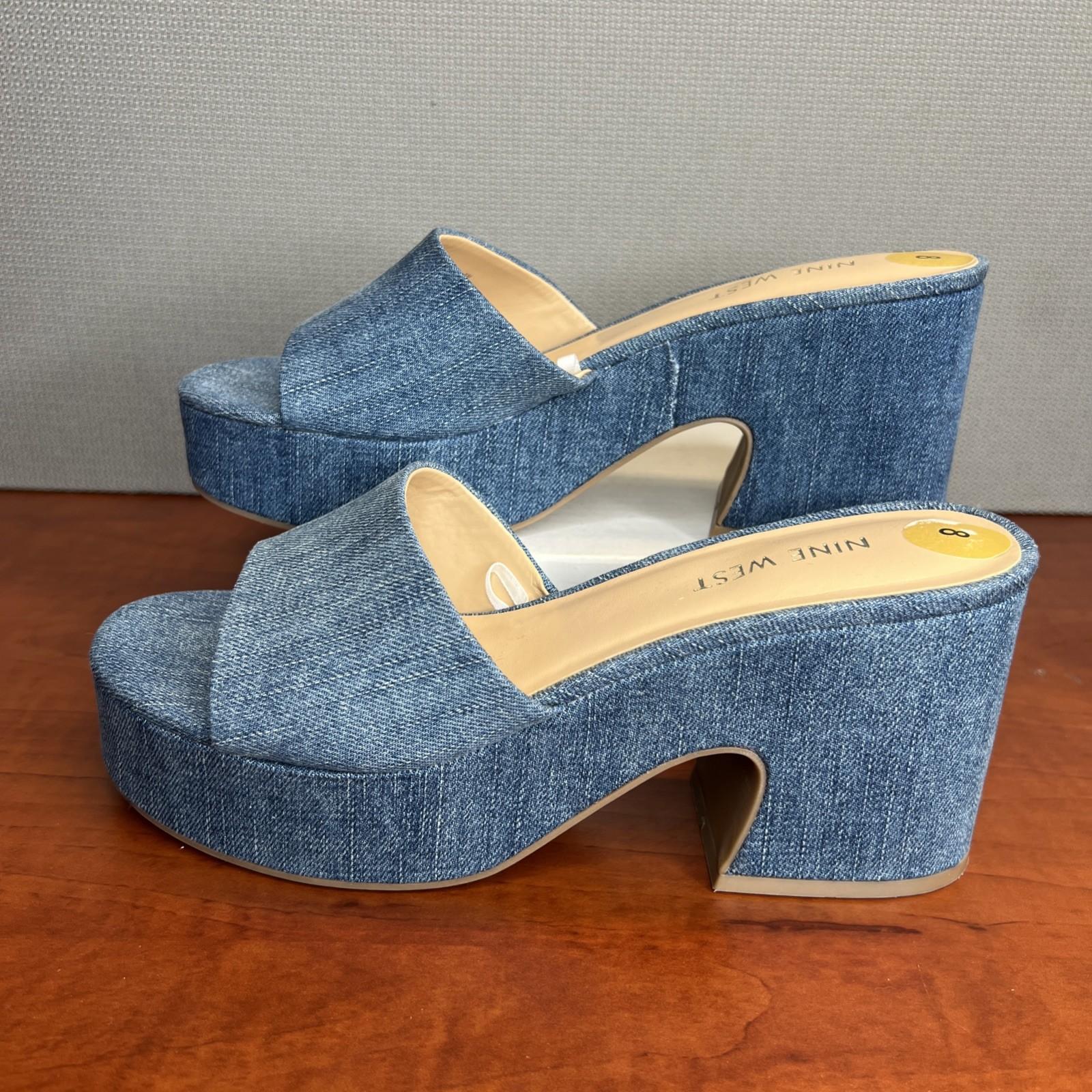 Nine West Stack Heels Blue Denim Slide Sandals Size 8 Cushioned Footbed New