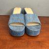 Nine West Stack Heels Blue Denim Slide Sandals Size 8 Cushioned Footbed New