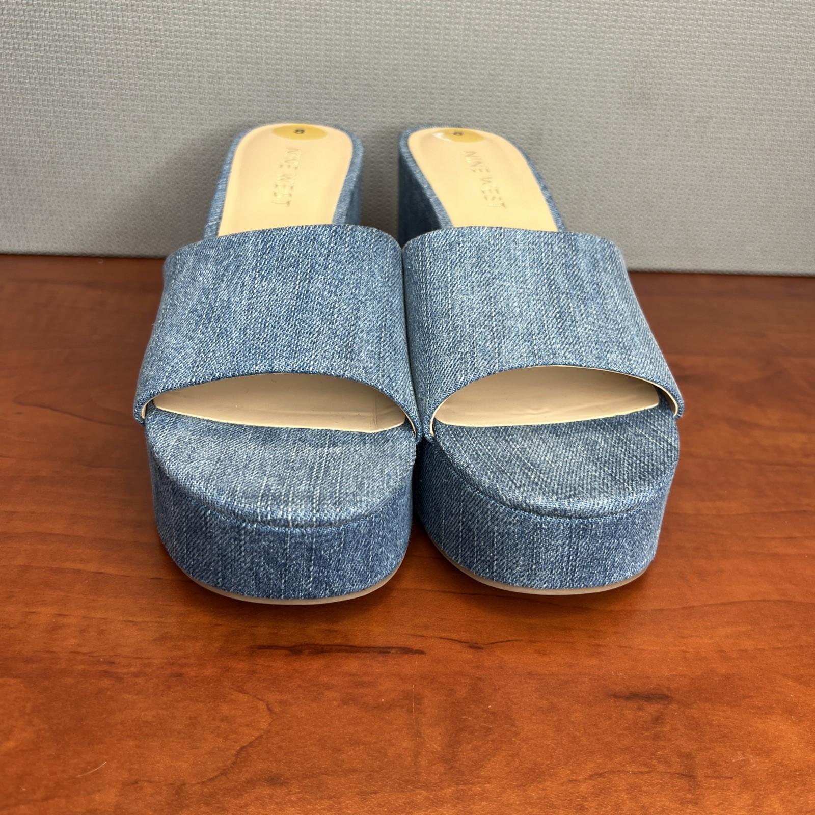Nine West Stack Heels Blue Denim Slide Sandals Size 8 Cushioned Footbed New