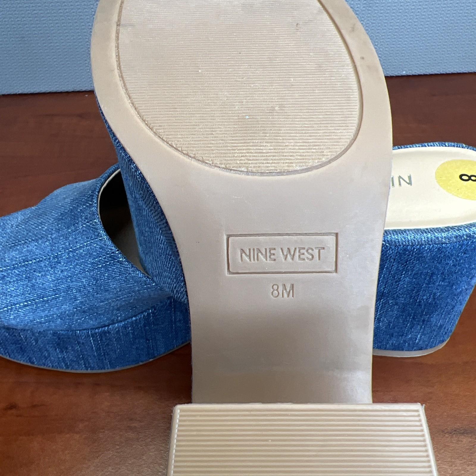 Nine West Stack Heels Blue Denim Slide Sandals Size 8 Cushioned Footbed New