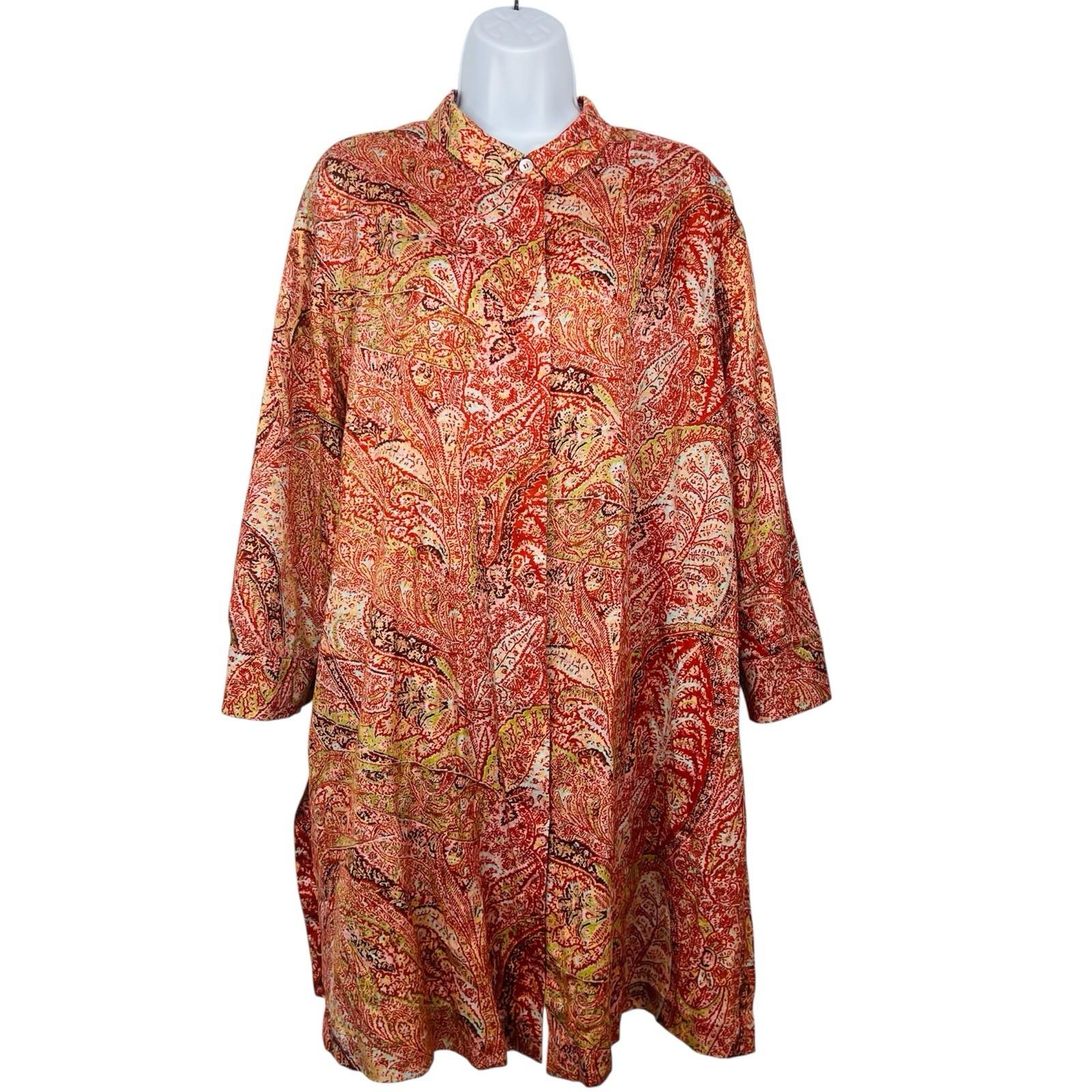 Marina Rinaldi Multicolored Cotton Button Up Shirt Size 27/16W 3/4 Sleeves Tunic