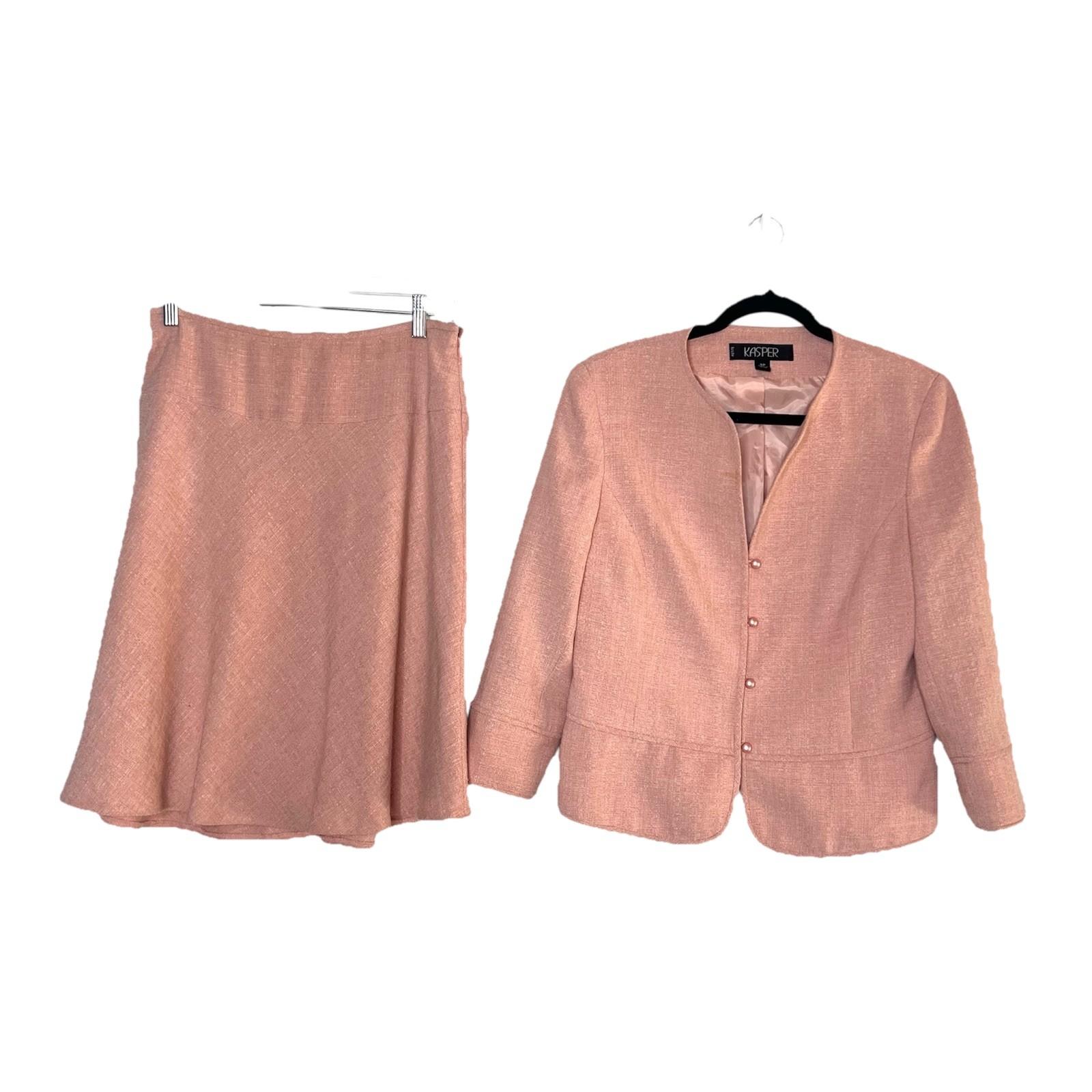 Kasper Vtg Polyester Rayon Skirt Suit 8P Pink Flared Lined Collarless Classic