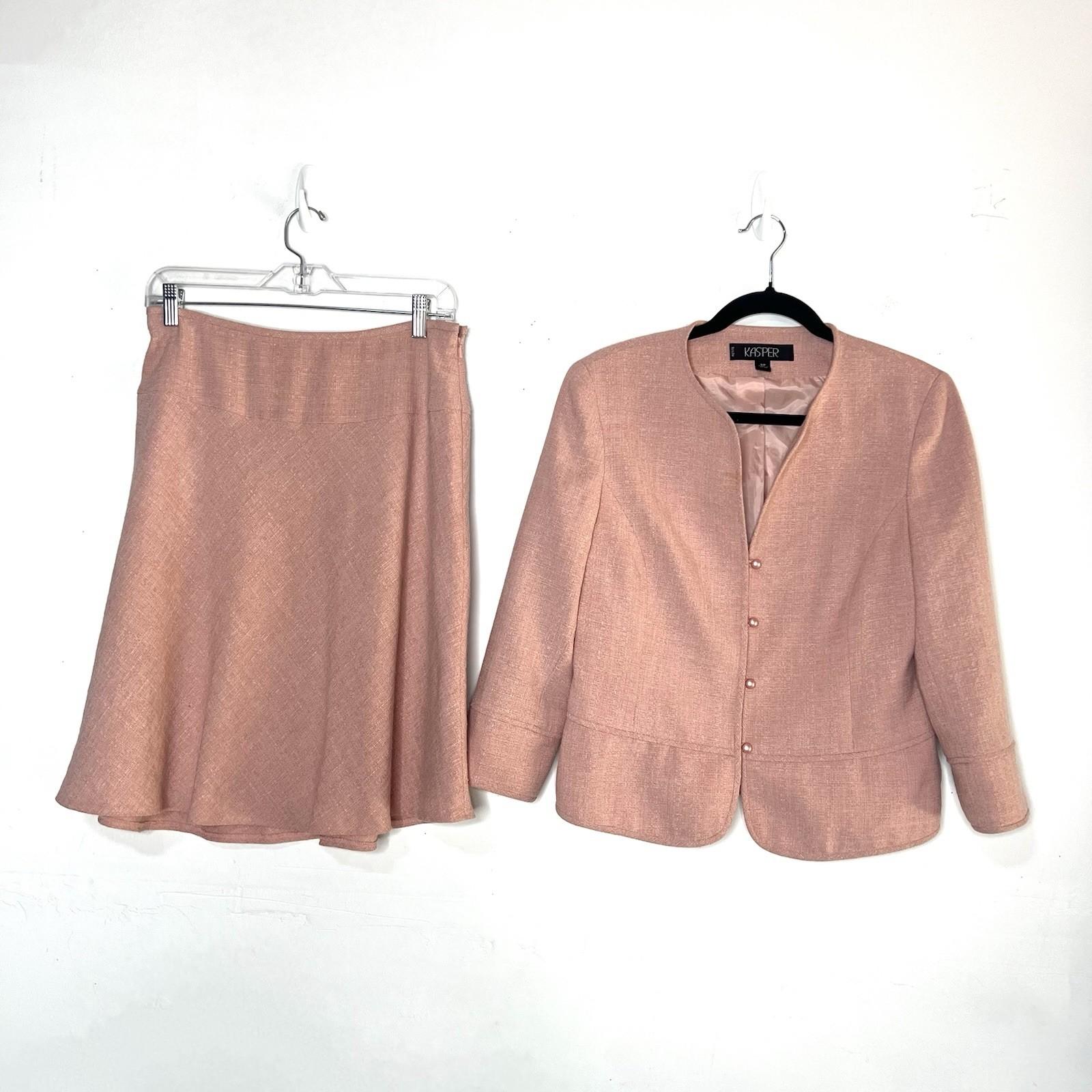 Kasper Vtg Polyester Rayon Skirt Suit 8P Pink Flared Lined Collarless Classic