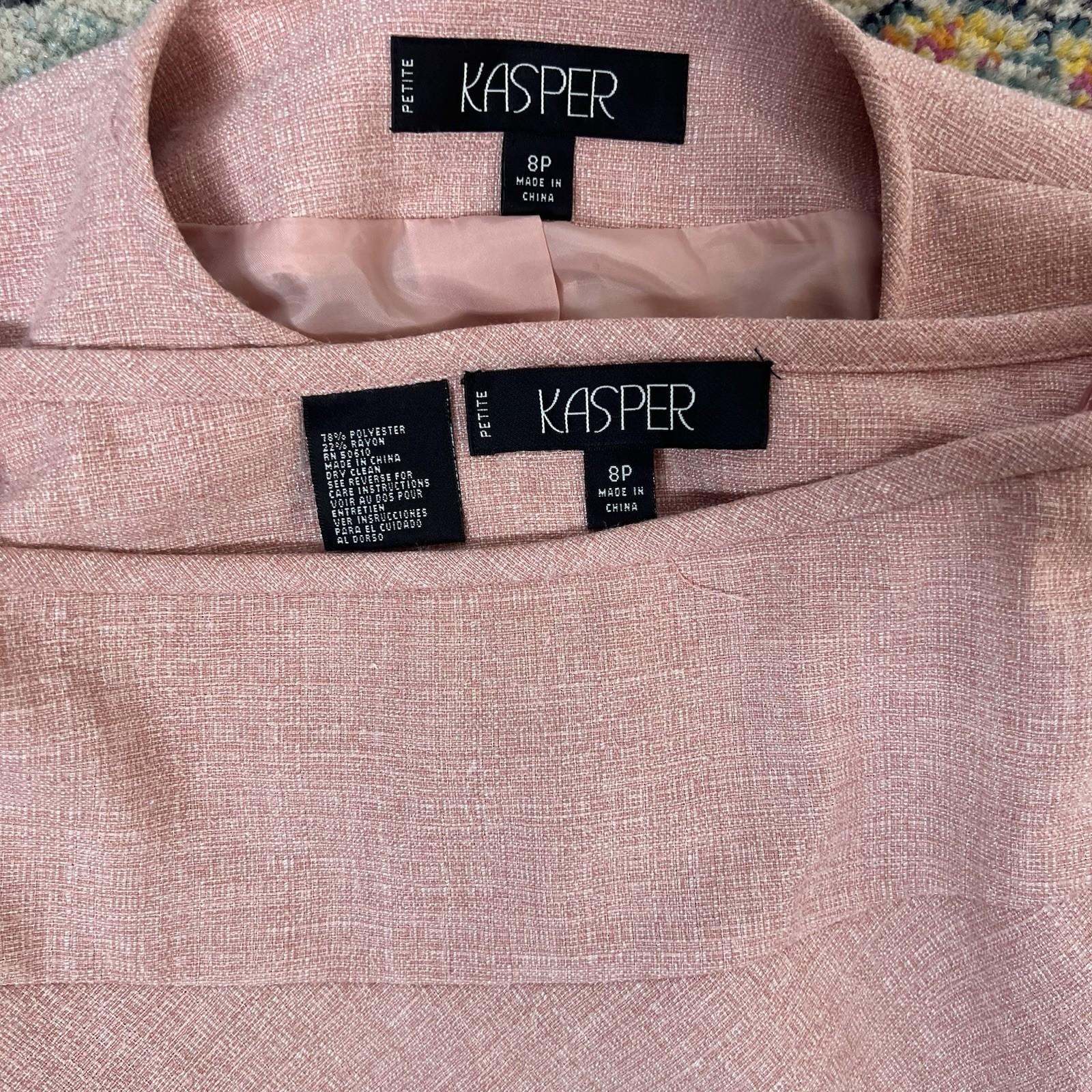 Kasper Vtg Polyester Rayon Skirt Suit 8P Pink Flared Lined Collarless Classic