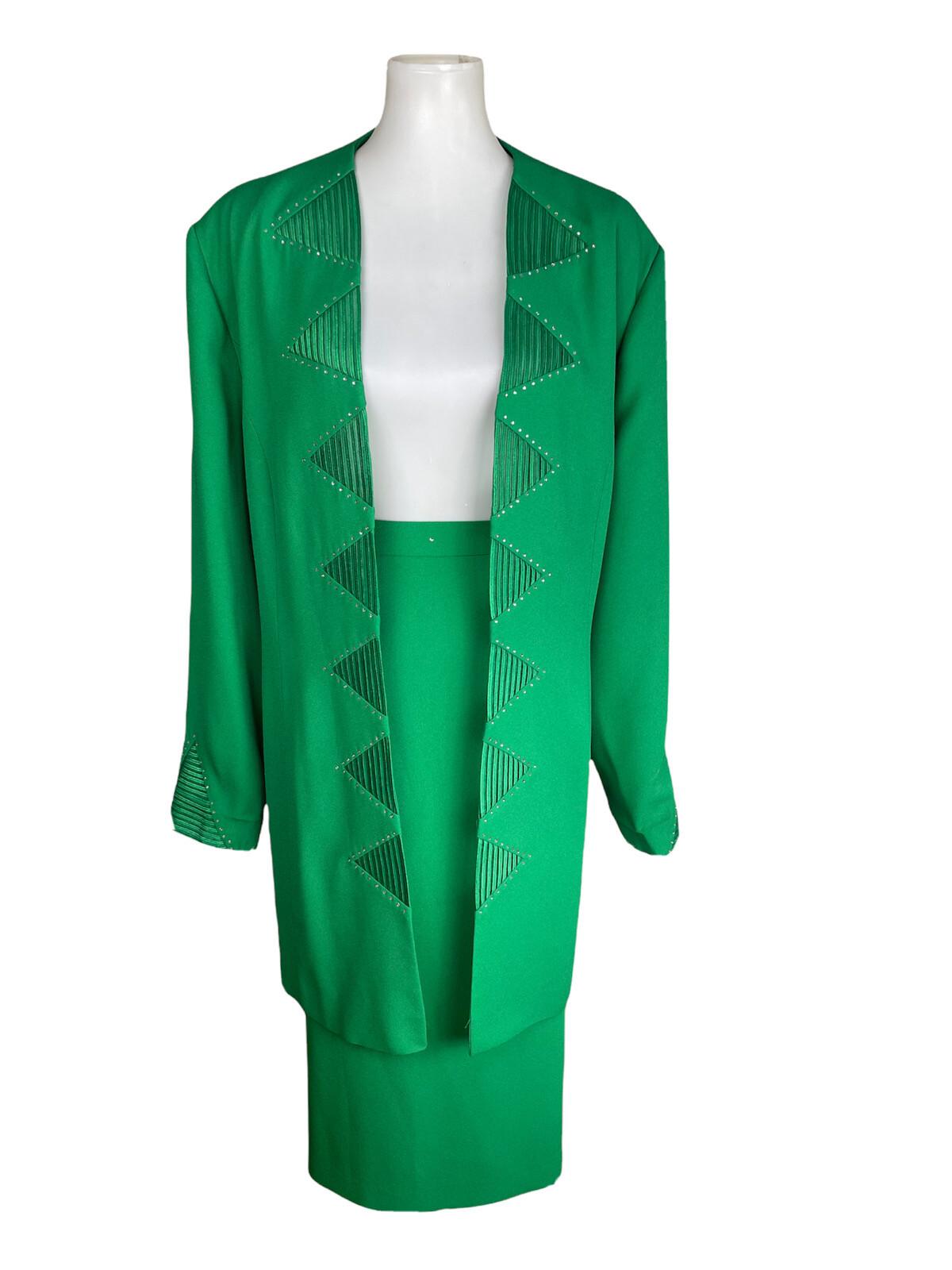 BEN MARC INTERNNATIONAL 2PC Green Beaded Polyester Open Front Skirt Suit Size 22